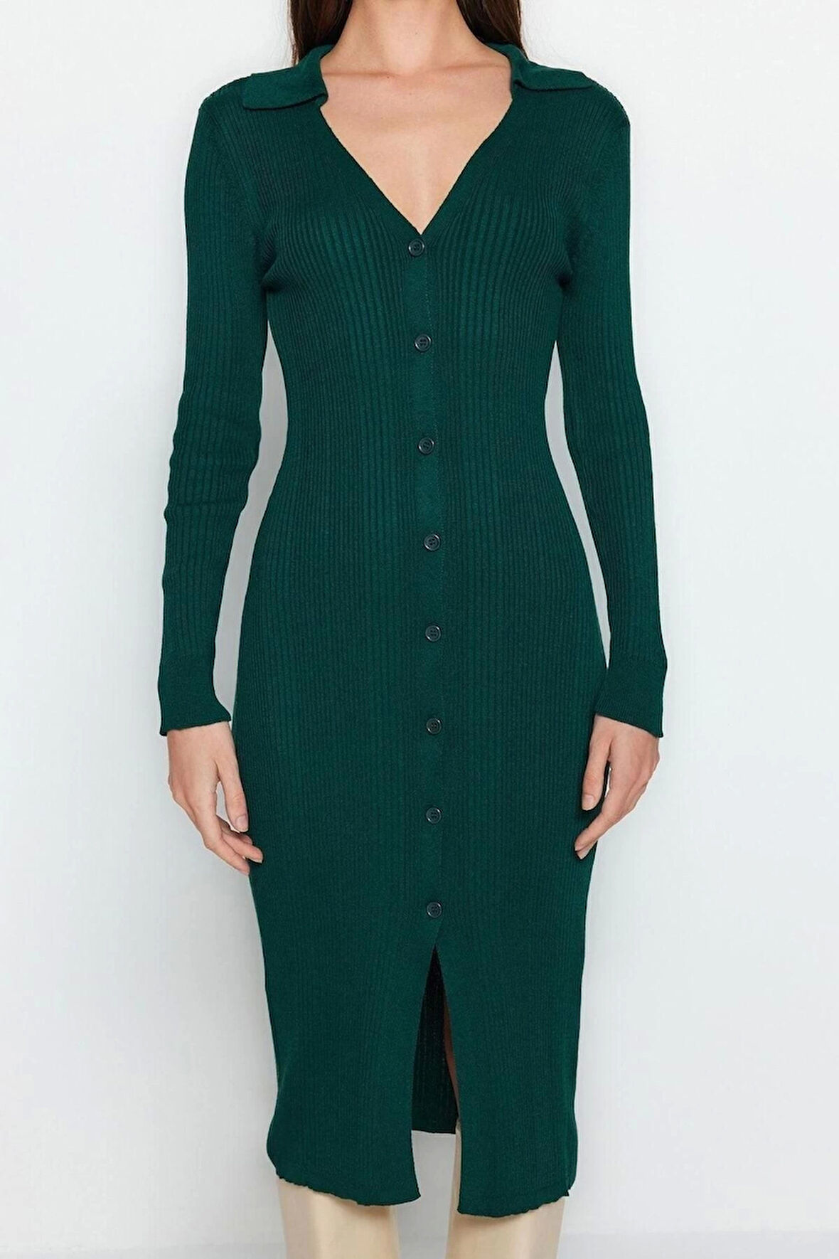 Yeni Slim Casual Günlük Dolu İğne Triko Polo Yaka Uzun Kol Shift Midi Boy Elbise