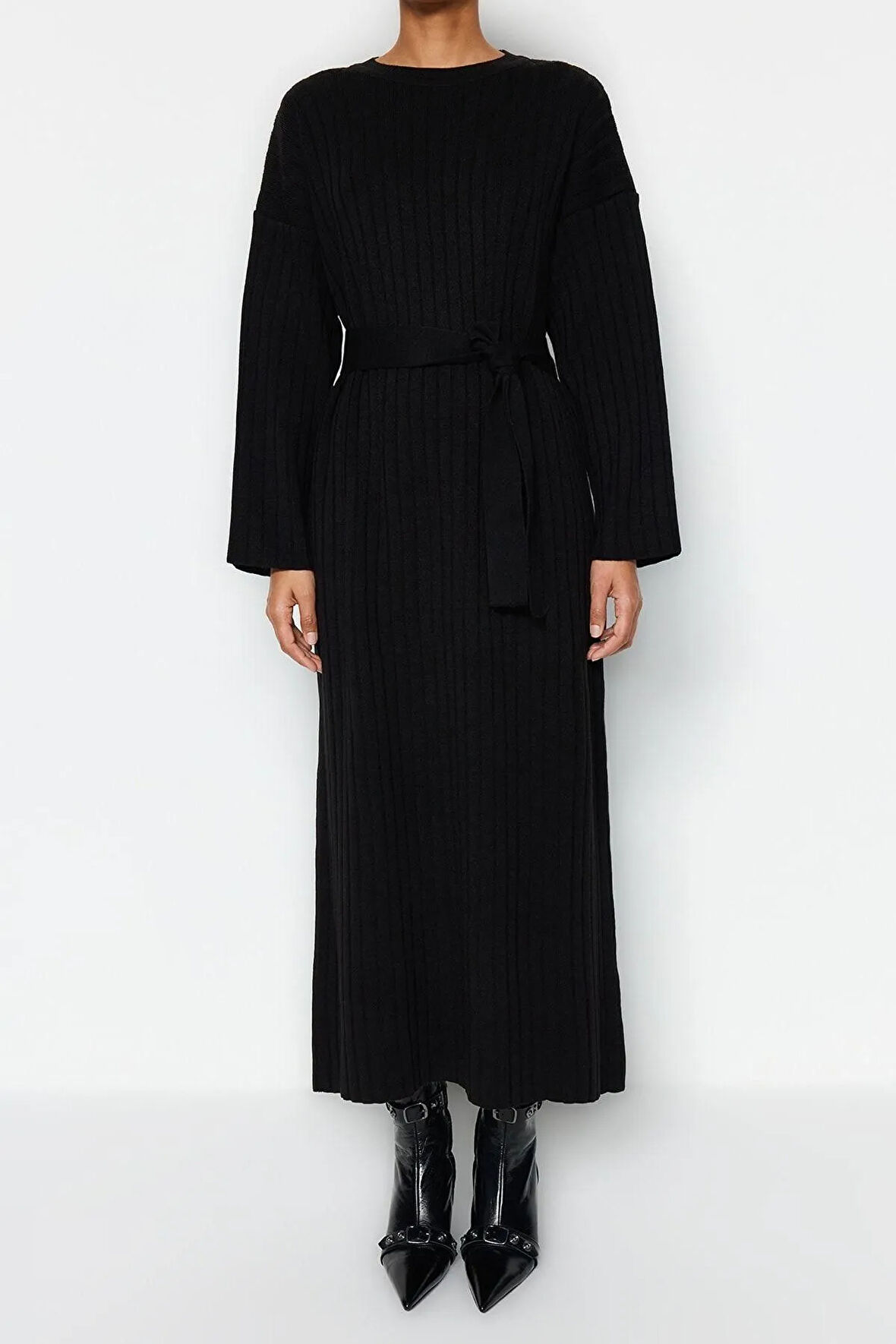 Yeni Rahat Günlük Ribana Kaşkorse Triko Bisiklet Yaka Uzun Kol A-Line Maxi Boy Tesettür Elbise