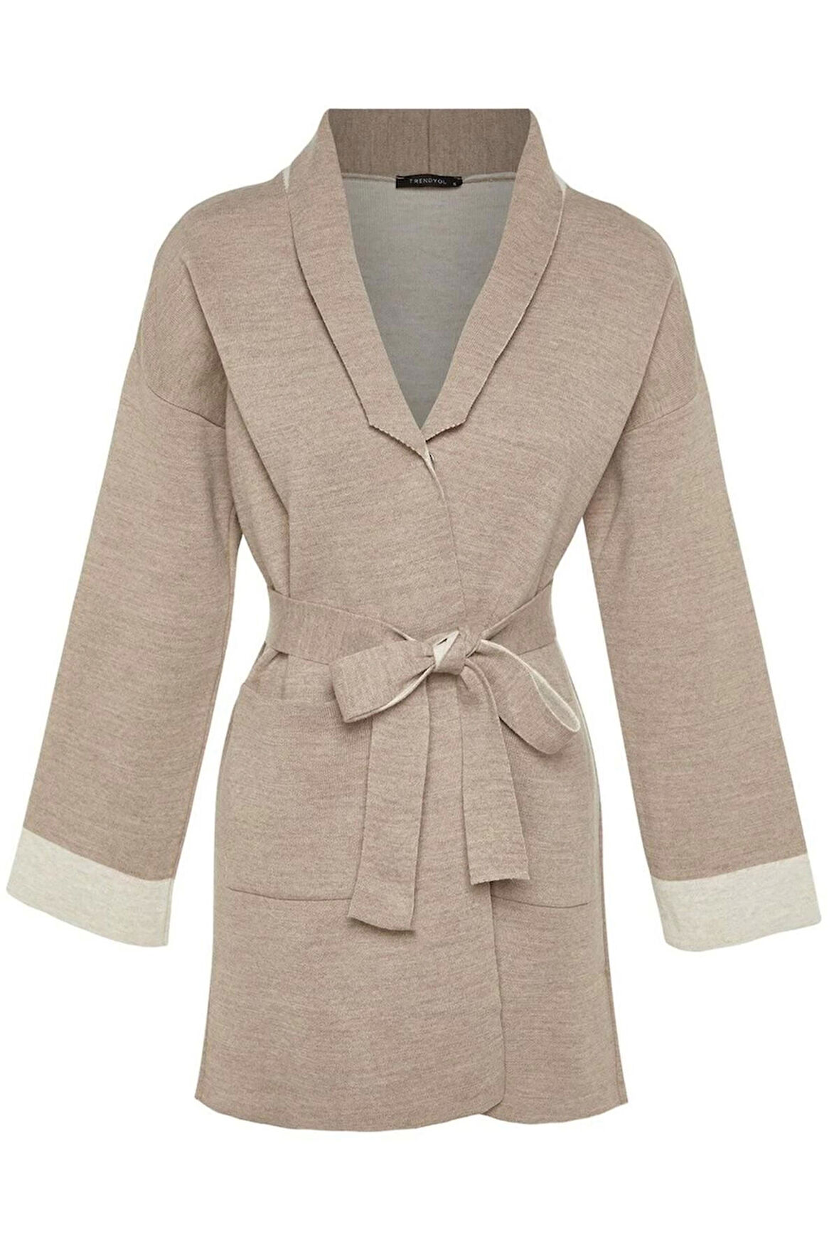 Kadın Moda Şık Tesettür Uzun Şal Yaka Relaxed Renk Bloklu Kuşaklı Mevsimlik Triko Hırka