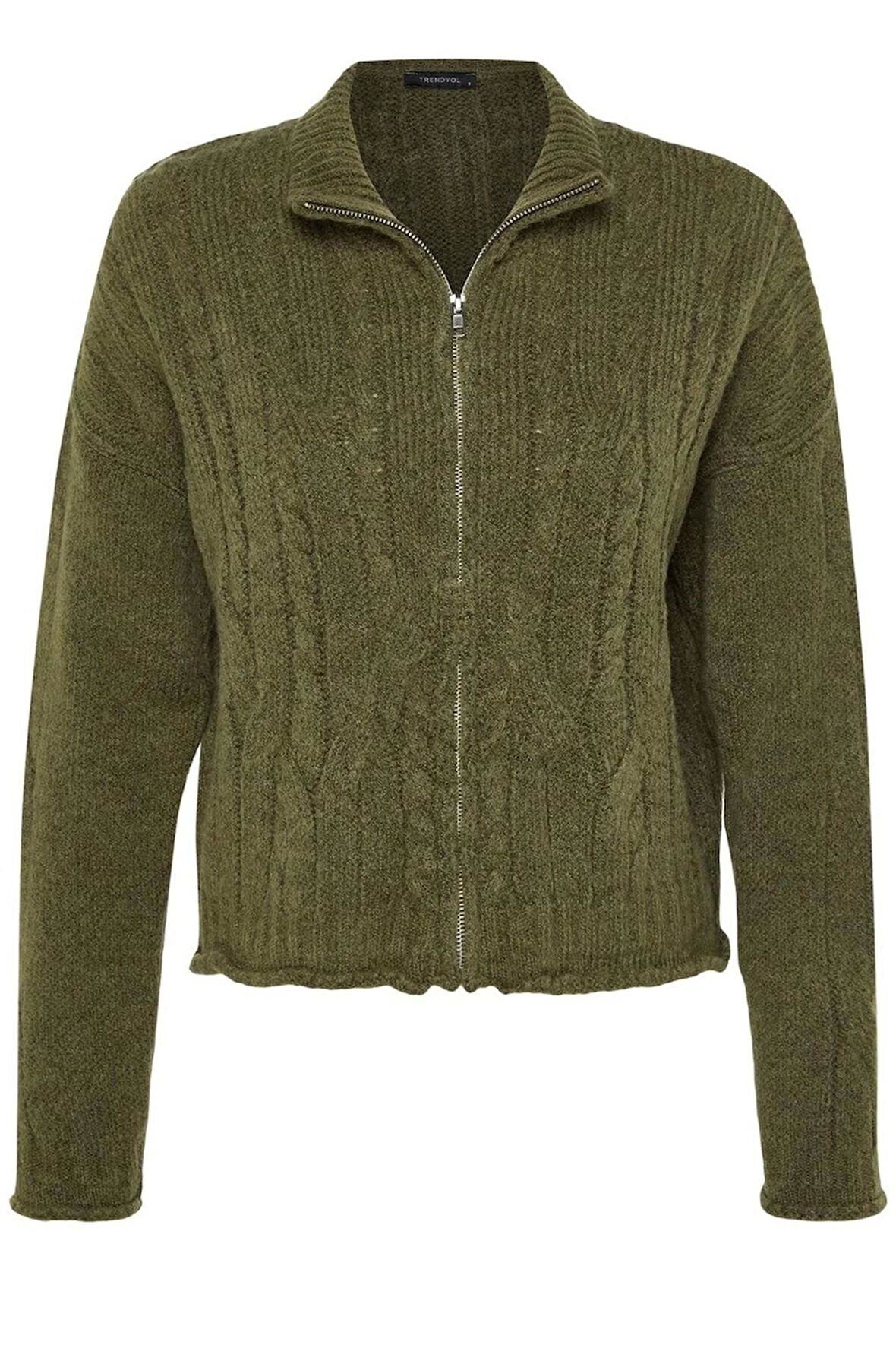 Kadın Moda Şık Crop Dik Yaka Regular Crop Yumuşak Dokulu Fermuarlı Saç Örgülü Triko Hırka