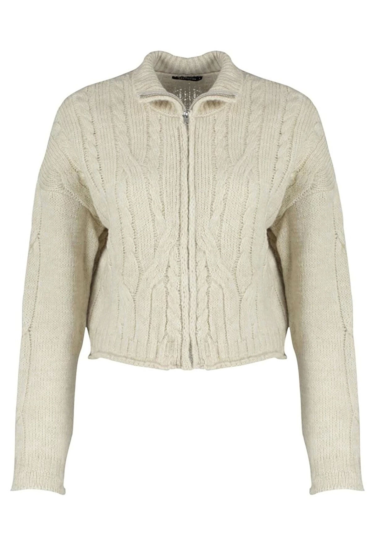 Kadın Moda Şık Crop Dik Yaka Uzun Kol Saç Örgü Crop Yumuşak Dokulu Fermuarlı lü Triko Hırka