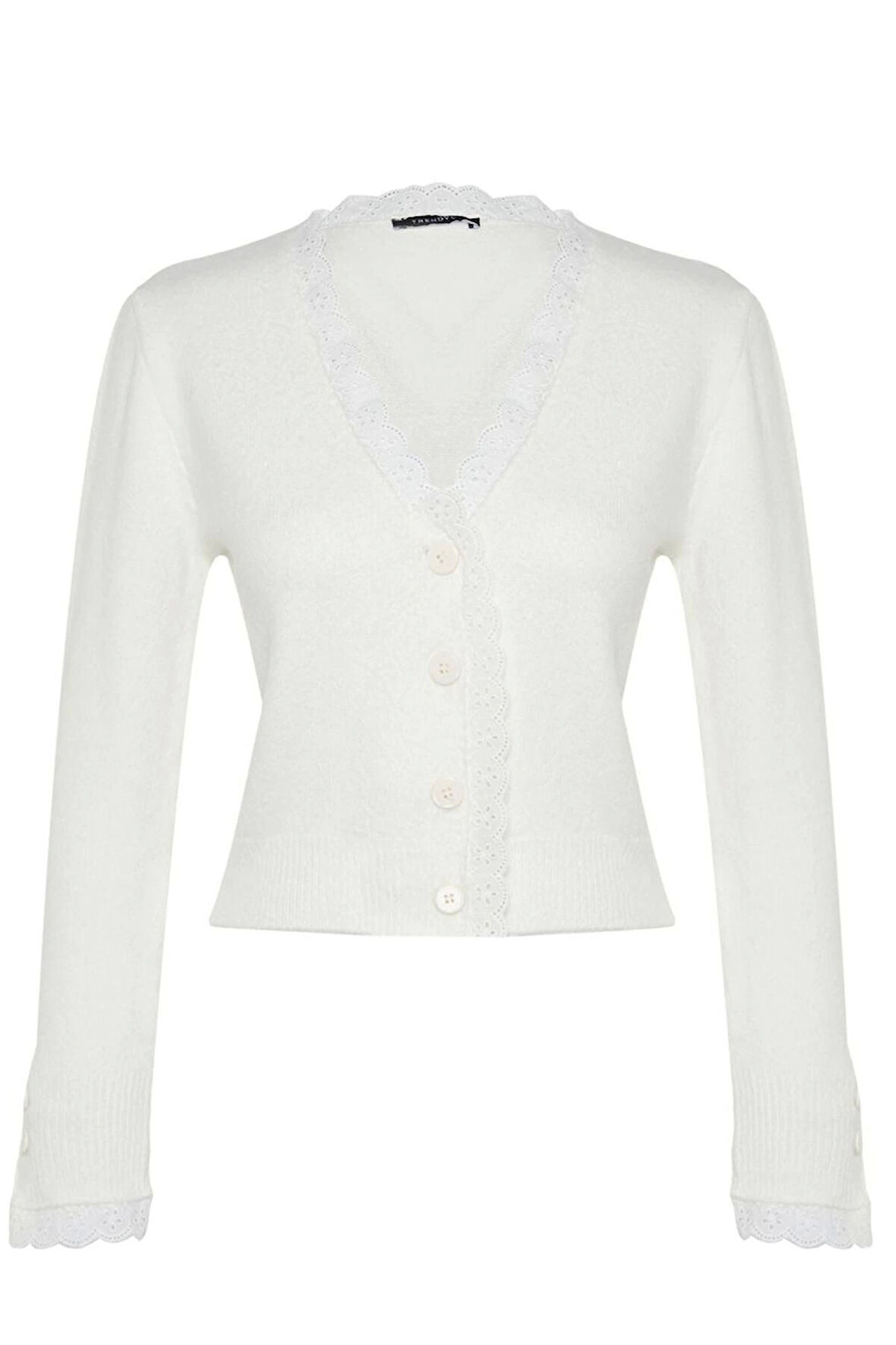 Kadın Moda Şık Regular V Yaka Regular Yumuşak Dokulu Dantel Detaylı Triko Hırka