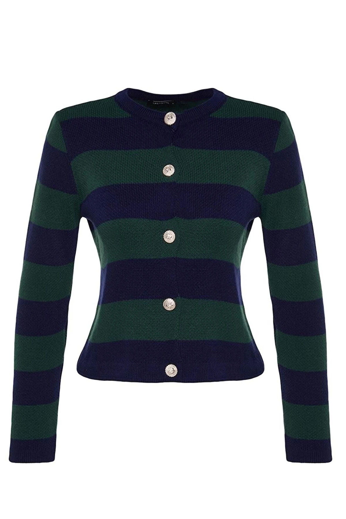 Kadın Moda Şık Regular Bisiklet Yaka Uzun Kol Çizgili Basic Ceket Görünümlü Triko Hırka