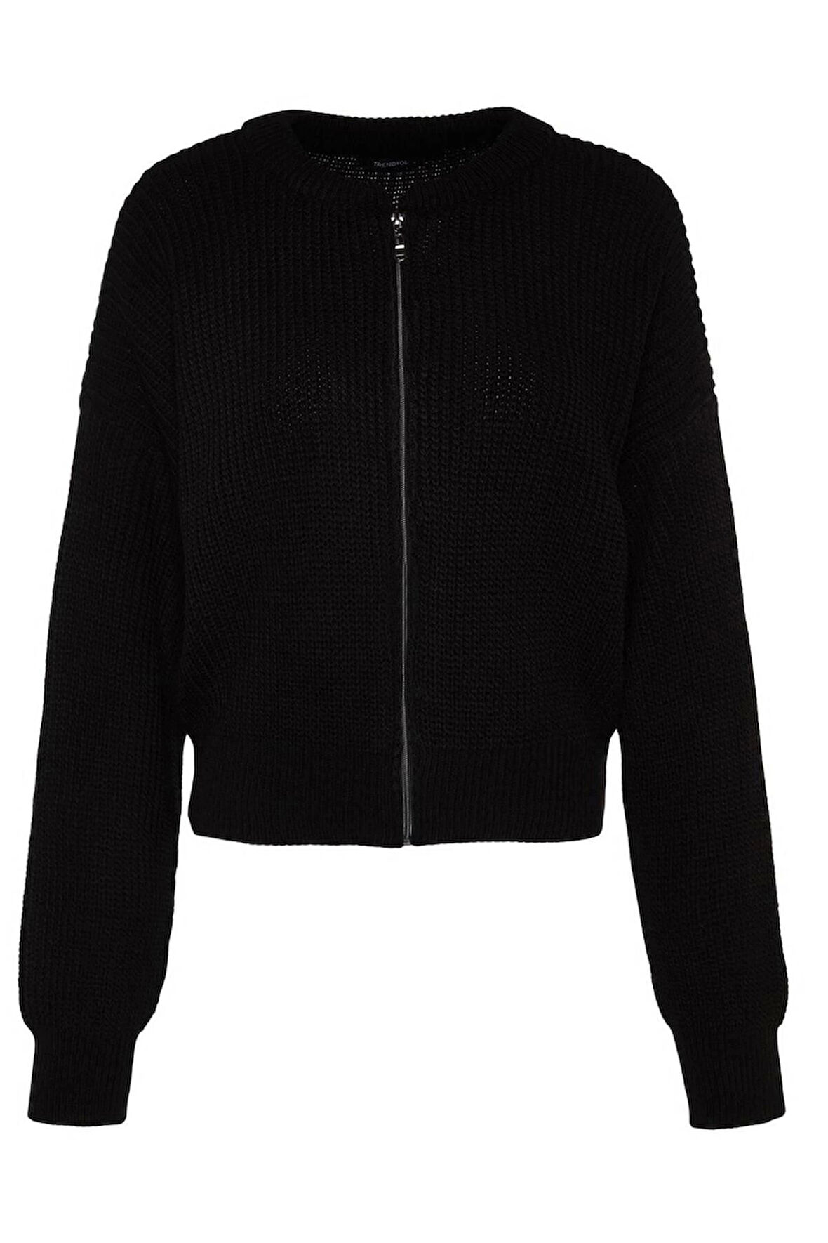 Kadın Moda Şık Regular Bomber Yaka Uzun Kol Düz Geniş Kalıp Bomber Yaka Fermuarlı Triko Hırka