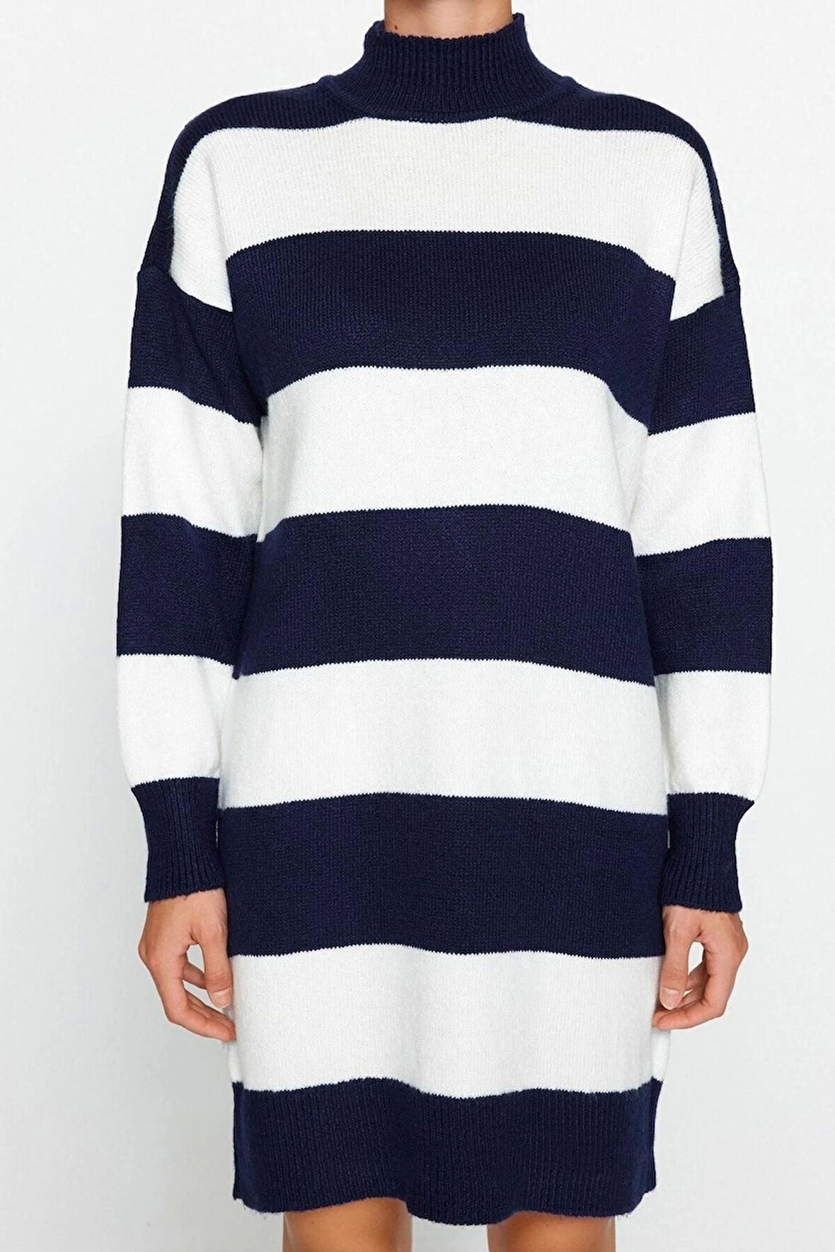 Yeni Oversize Casual Günlük Bürümcük Triko Dik Yaka Uzun Kol Kazak Elbise Mini Boy Elbise