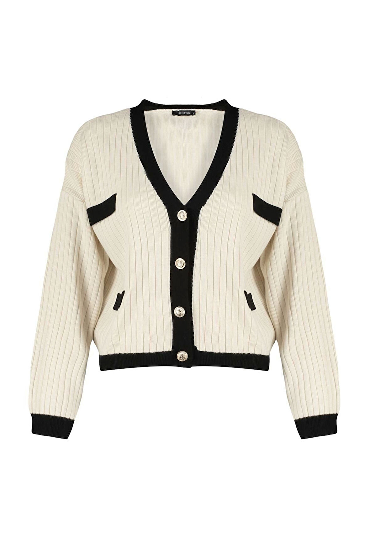 Kadın Moda Şık V Yaka Standart Kol Regular Renk Bloklu Triko Hırka