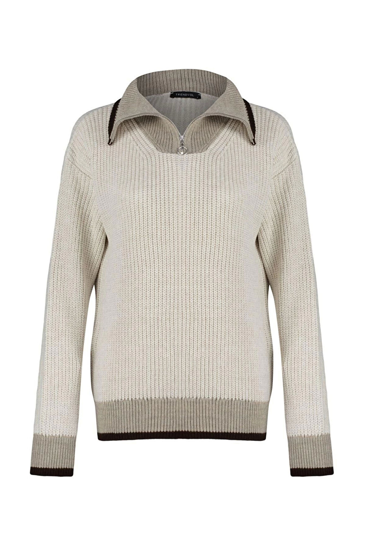 Kadın Moda Şık Dik Yaka Standart Kol Regular Renk Bloklu Fermuarlı Triko Kazak