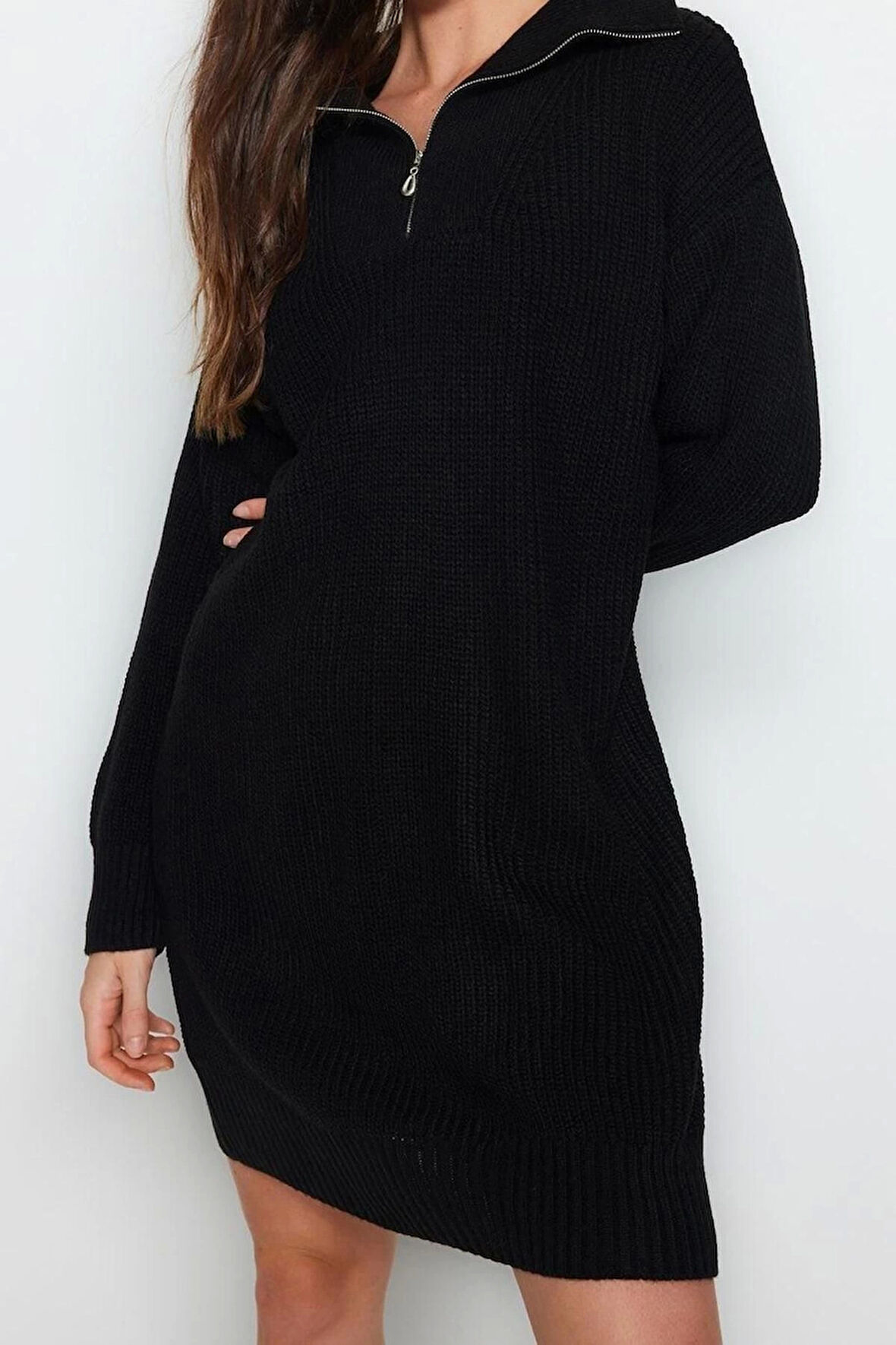 Yeni Regular Casual Günlük Tek Plaka Triko Dik Yaka Uzun Kol Kazak Elbise Mini Boy Elbise