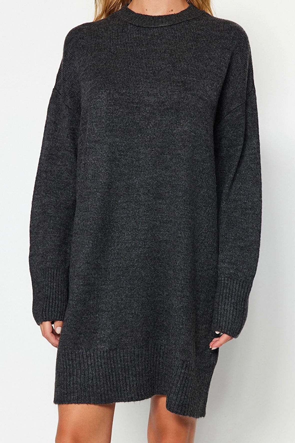 Yeni Oversize Casual Günlük Çift Plaka Triko Bisiklet Yaka Uzun Kol Shift Mini Boy Elbise