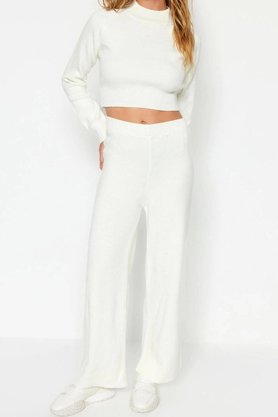 Kadın Moda Şık Boru Paça Crop Boy Uzun Kollu Crop Basic Triko Alt-Üst Takım