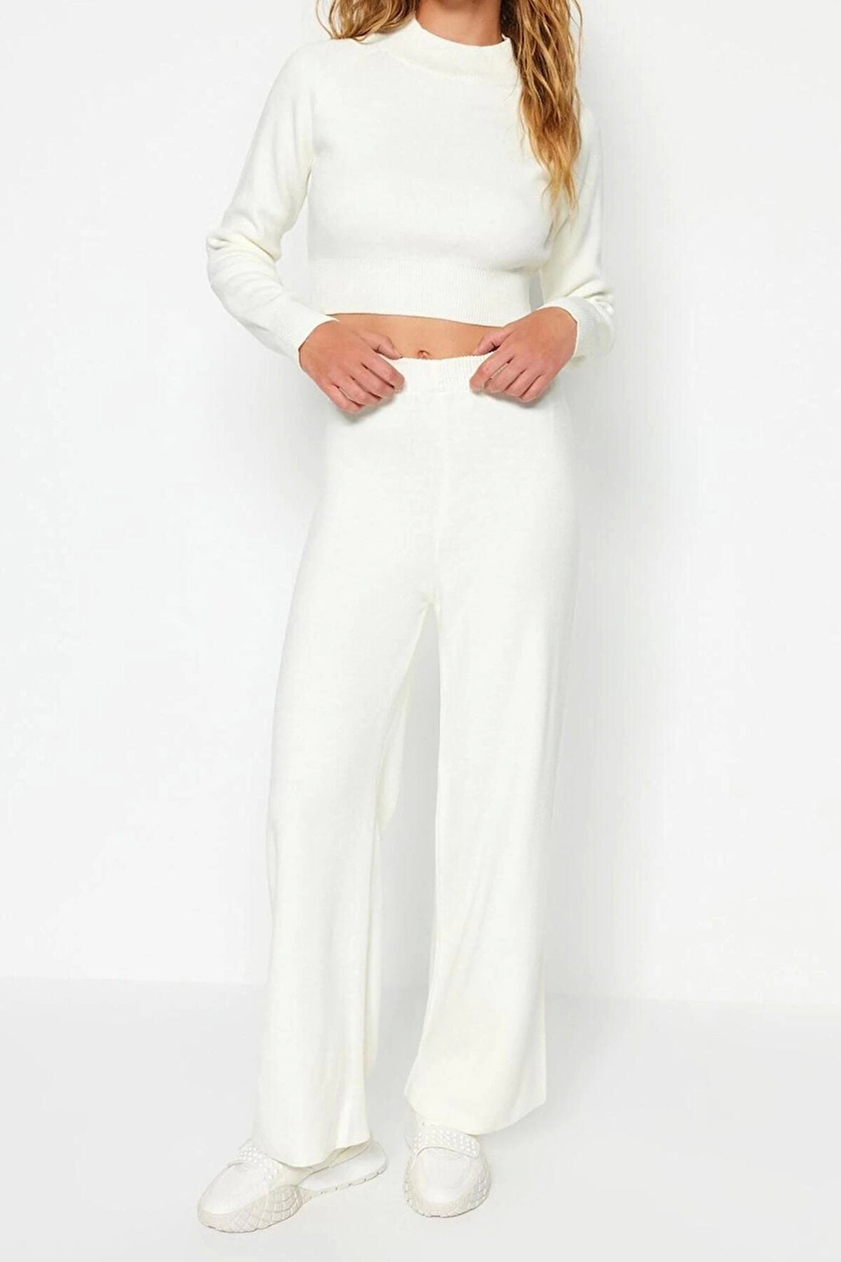 Kadın Moda Şık Boru Paça Crop Boy Uzun Kollu Crop Basic Triko Alt-Üst Takım