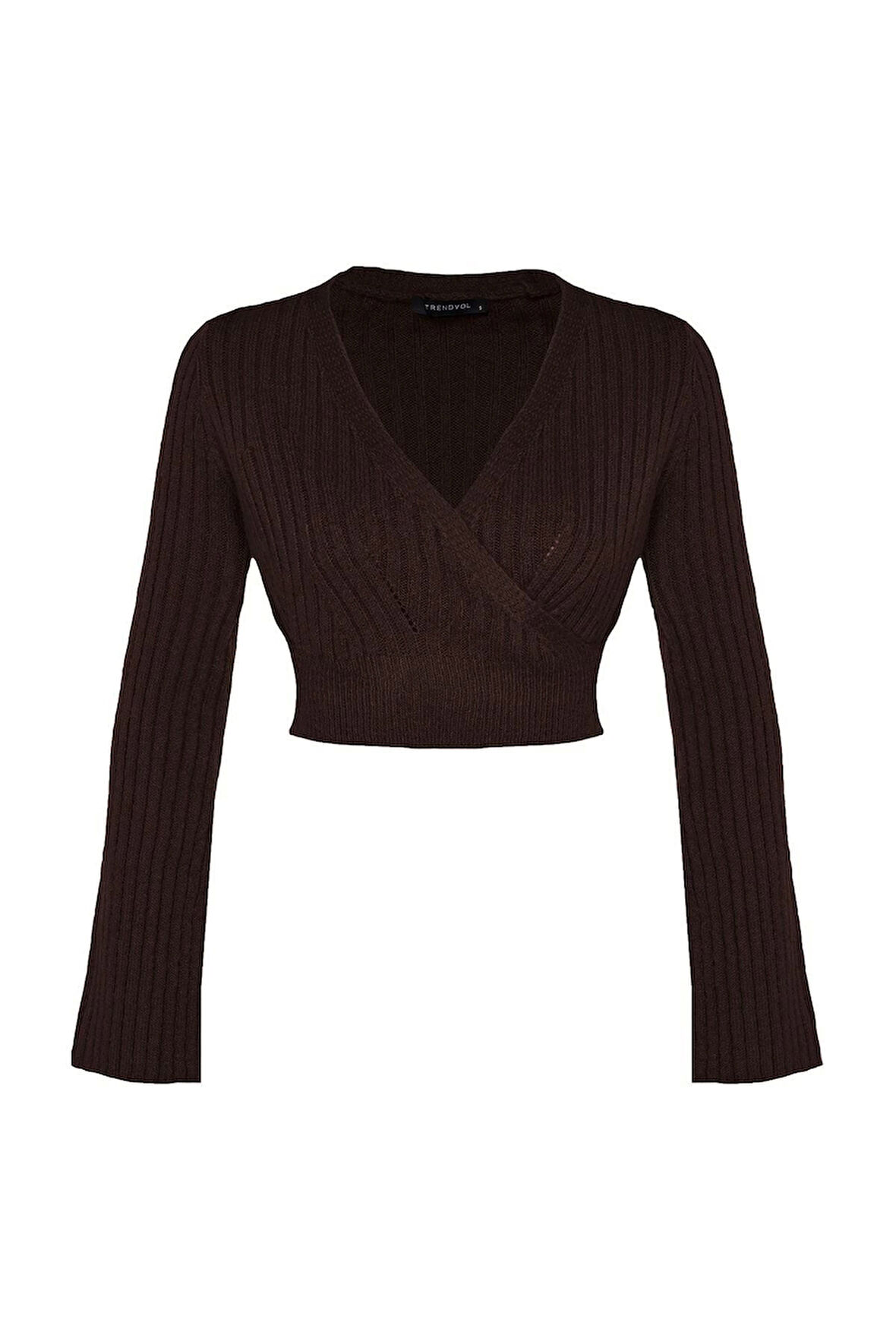 Kadın Moda Şık Kruvaze Standart Kol Crop Yumuşak Dokulu Triko Kazak