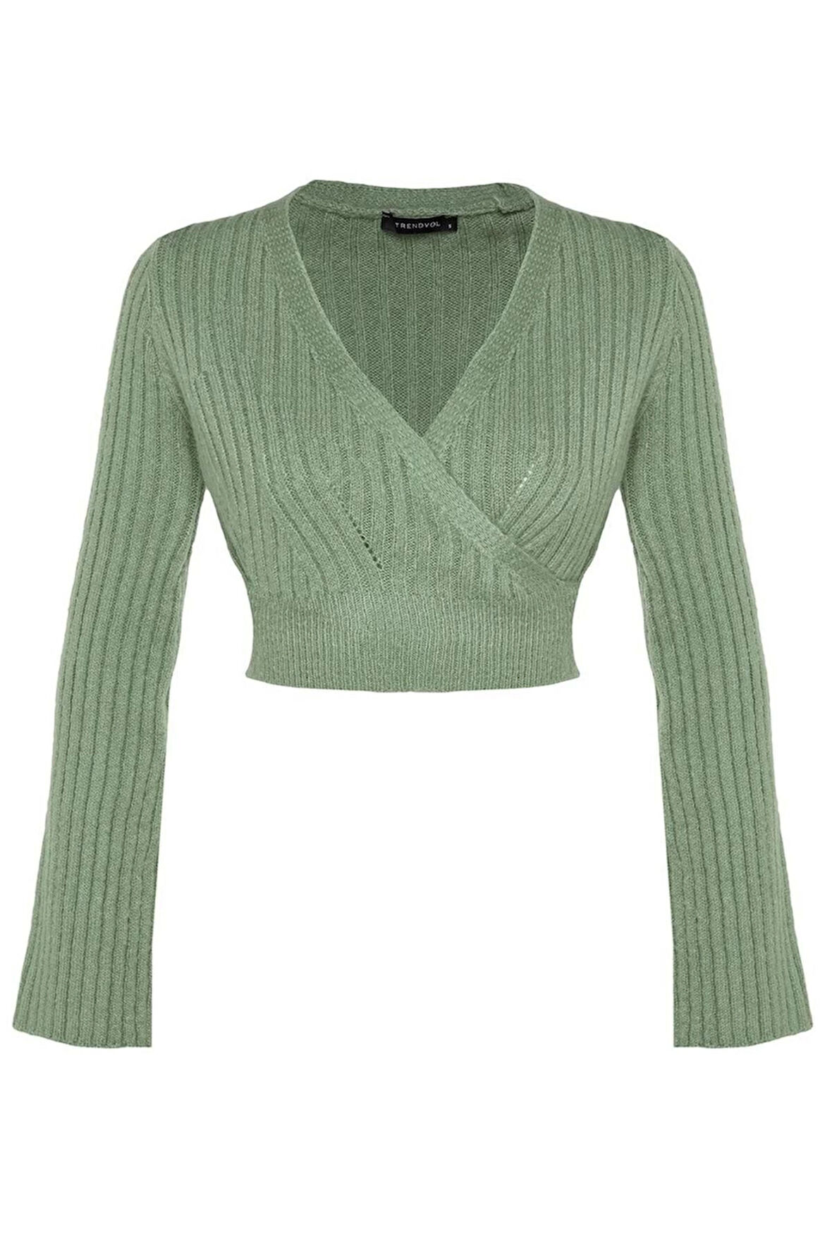 Kadın Moda Şık Crop Kruvaze Uzun Kol Düz Crop Yumuşak Dokulu Kruvaze Triko Kazak