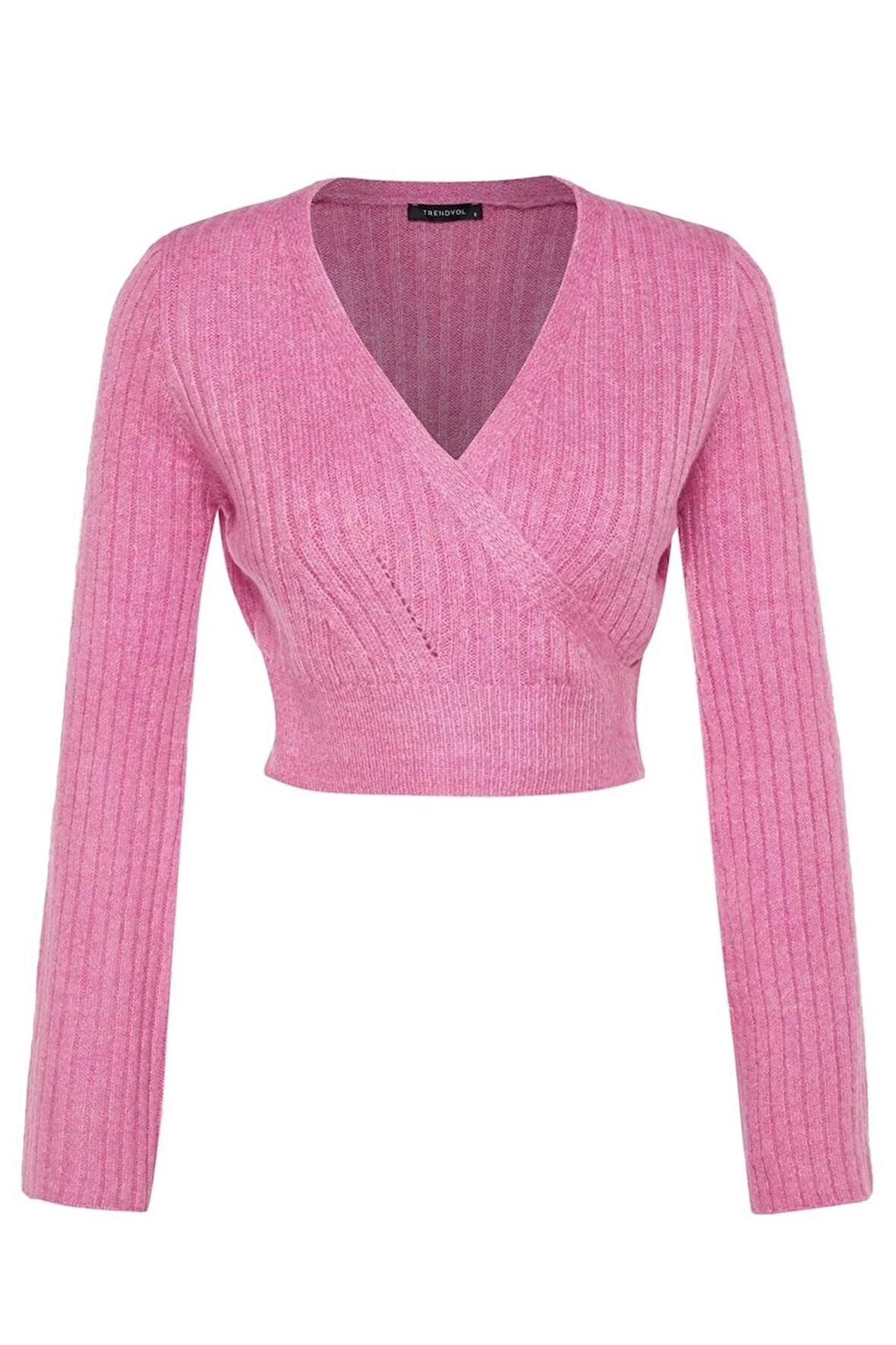 Kadın Moda Şık Crop Kruvaze Uzun Kol Düz Crop Yumuşak Dokulu Kruvaze Triko Kazak