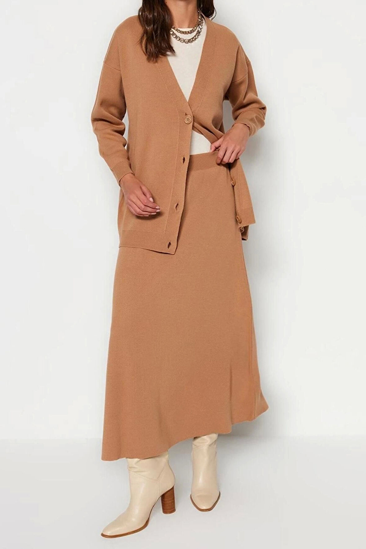 Kadın Moda Şık Regular Uzun Boy Uzun Kollu Hırka-Etek Triko Takım