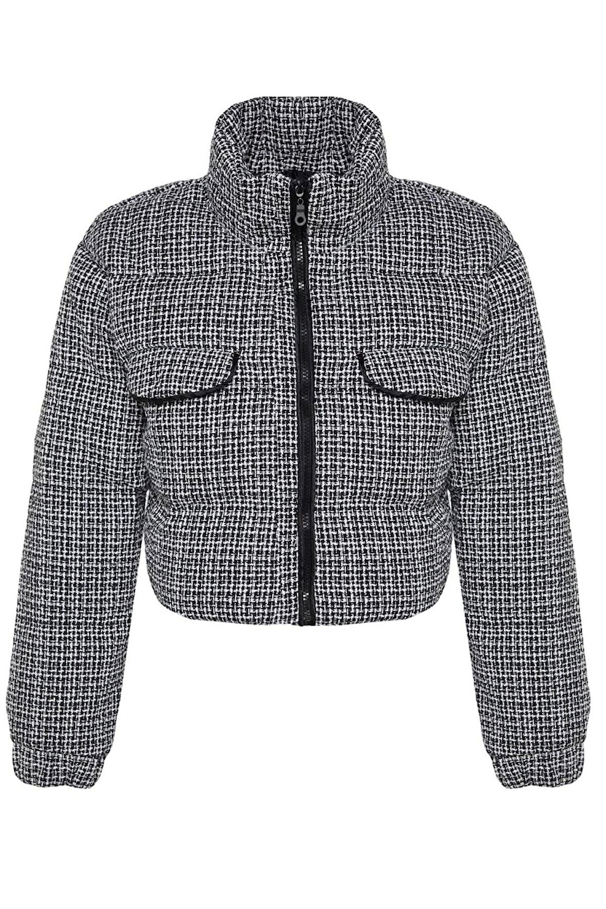 Kadın Moda Şık Regular Dik Yaka Crop Desenli Astarlı Regular Tüvit Crop Şişme Mont