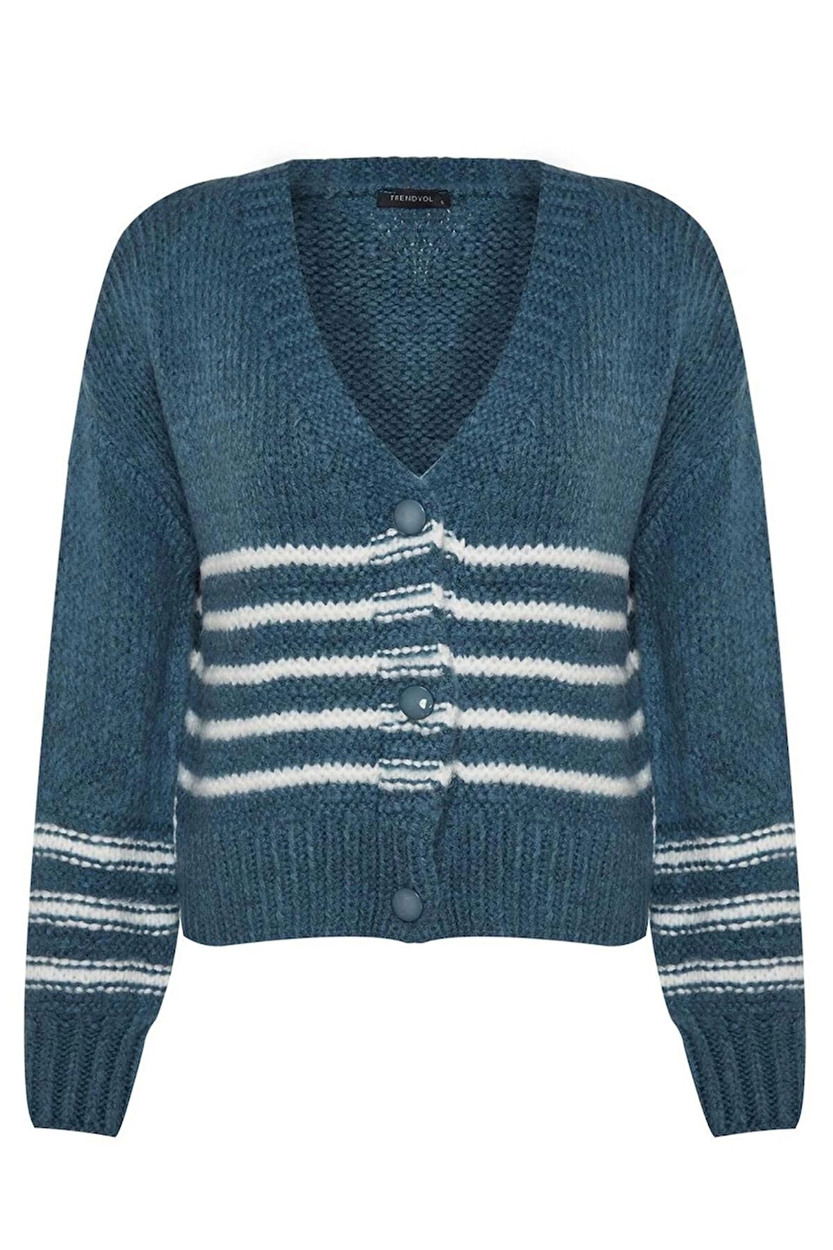 Kadın Moda Şık Regular V Yaka Uzun Kol Çizgili Yumuşak Dokulu Triko Hırka