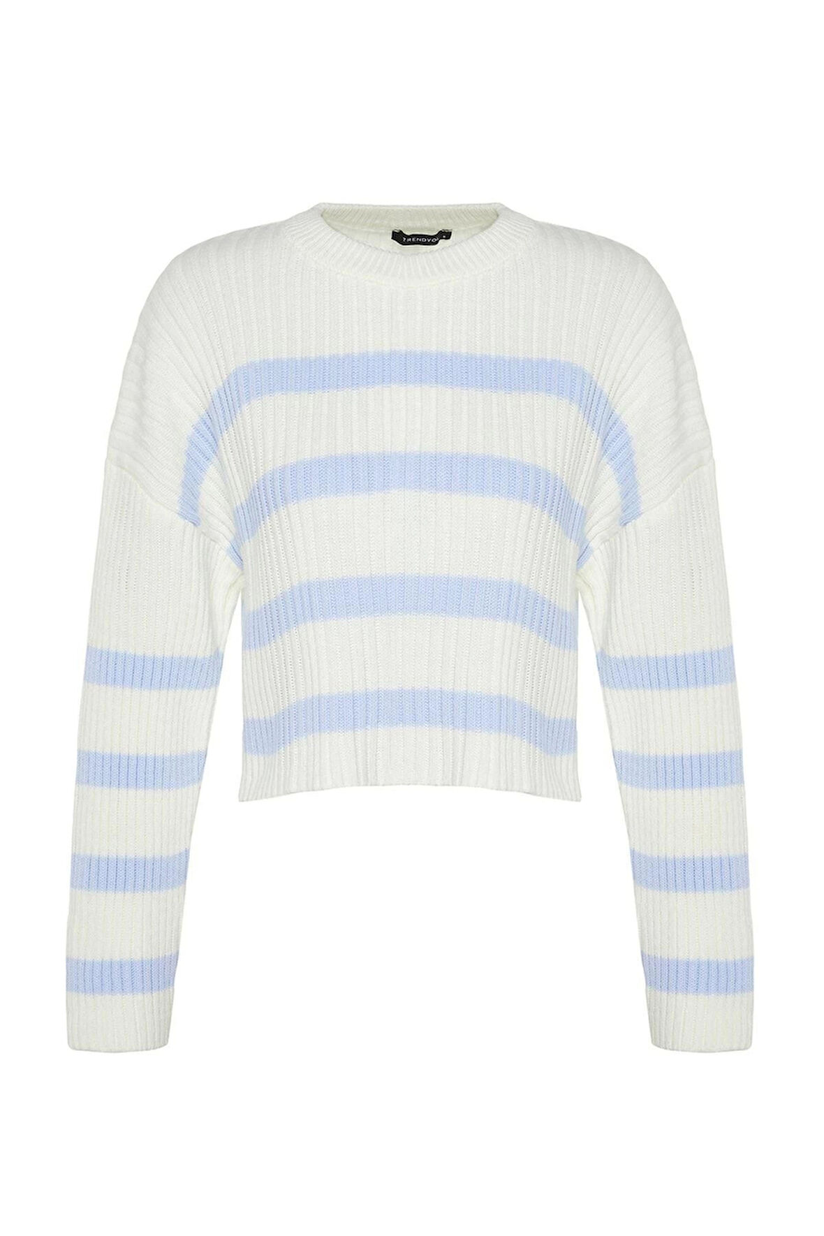 Kadın Moda Şık Bisiklet Yaka Standart Kol Crop Çizgili Triko Kazak