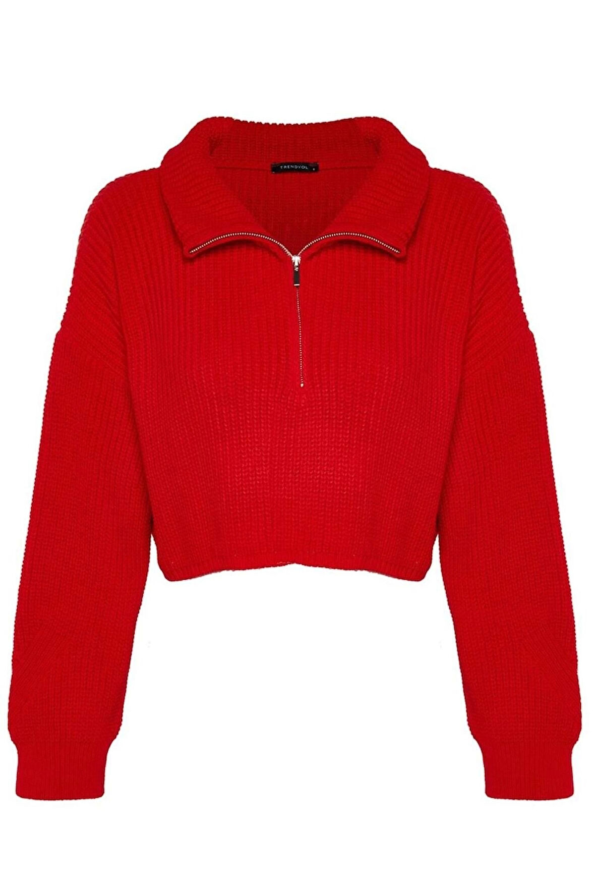 Kadın Moda Şık Crop Dik Yaka Uzun Kol Düz Süper Crop Fermuarlı Triko Kazak