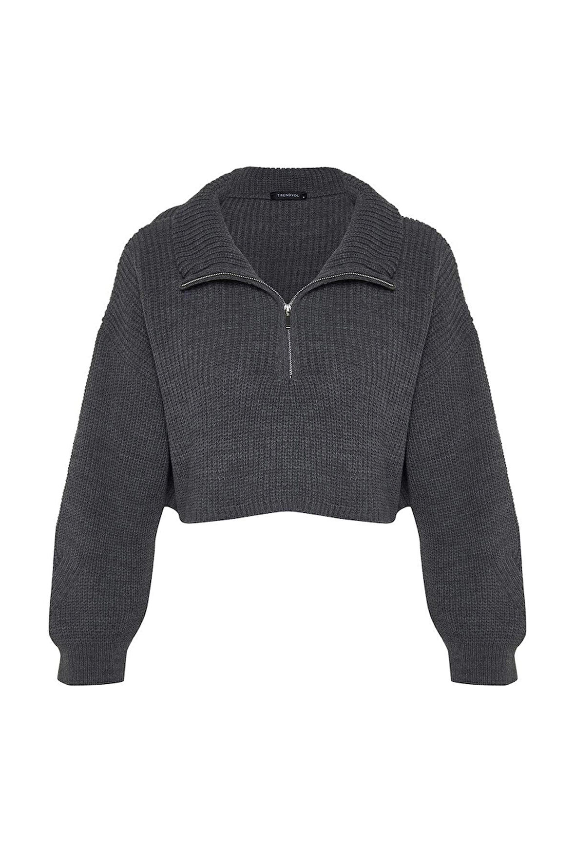 Kadın Moda Şık Dik Yaka Standart Kol Crop Süper Fermuarlı Triko Kazak