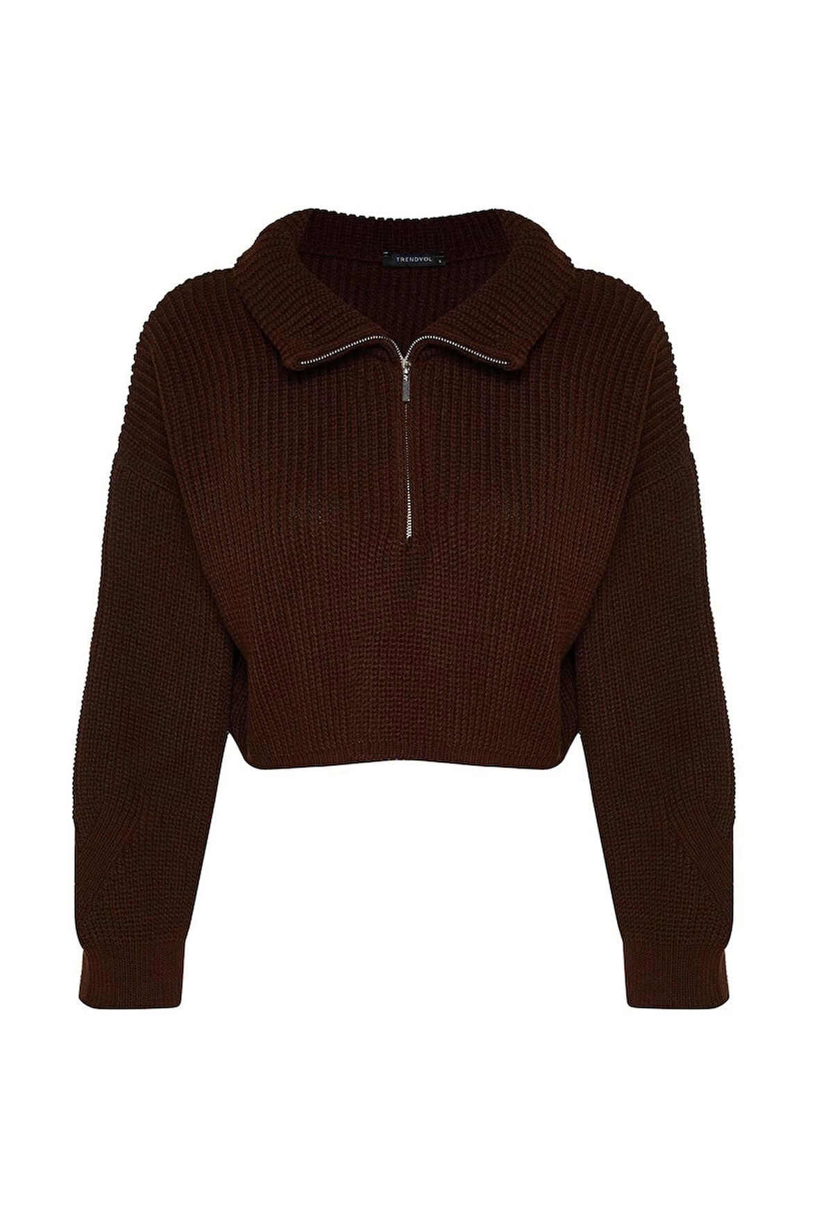 Kadın Moda Şık Dik Yaka Standart Kol Crop Süper Fermuarlı Triko Kazak