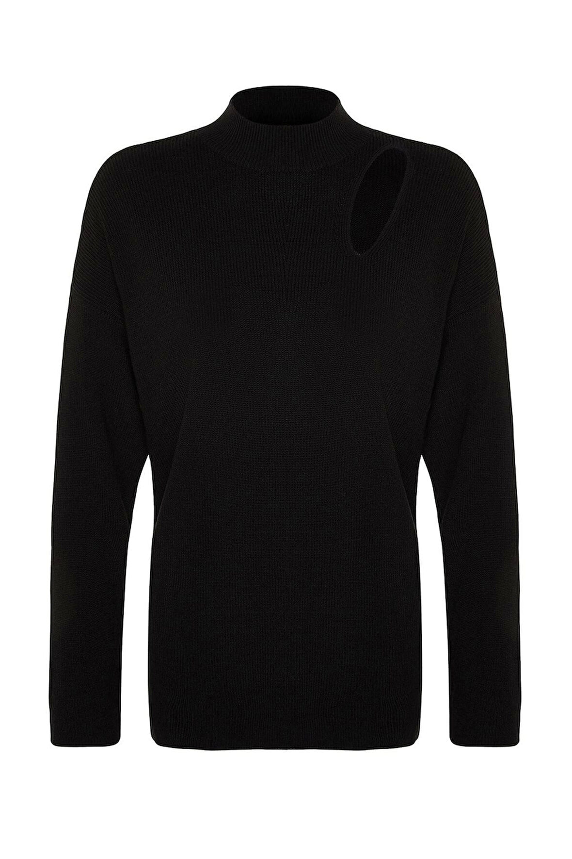 Kadın Moda Şık Bisiklet Yaka Standart Kol Regular Geniş Kalıp Pencere Cut Out Triko Kazak