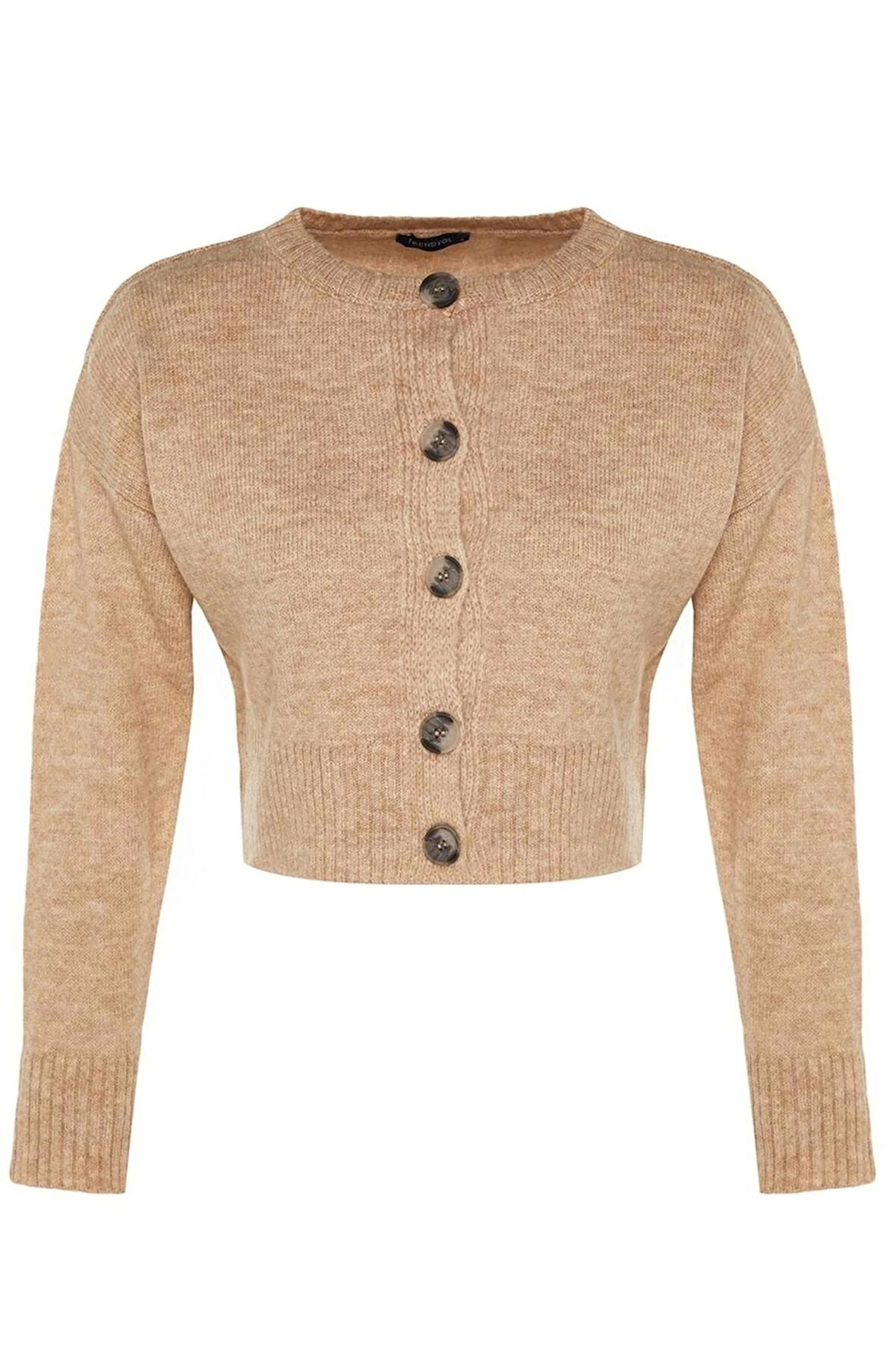 Kadın Moda Şık Crop Bisiklet Yaka Regular Crop Yumuşak Dokulu Düğmeli Triko Hırka