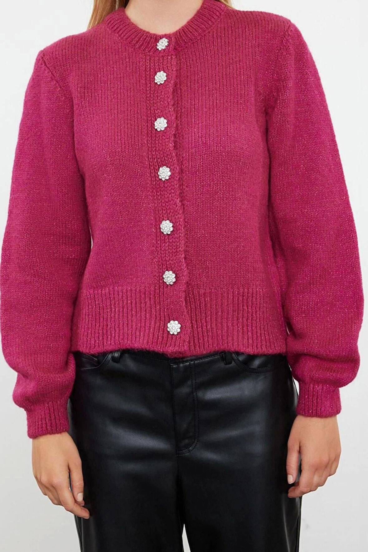 Kadın Moda Regular Bisiklet Yaka Regular Yumuşak Dokulu Mücevher Düğmeli Ceket Görünümlü Triko Hırka