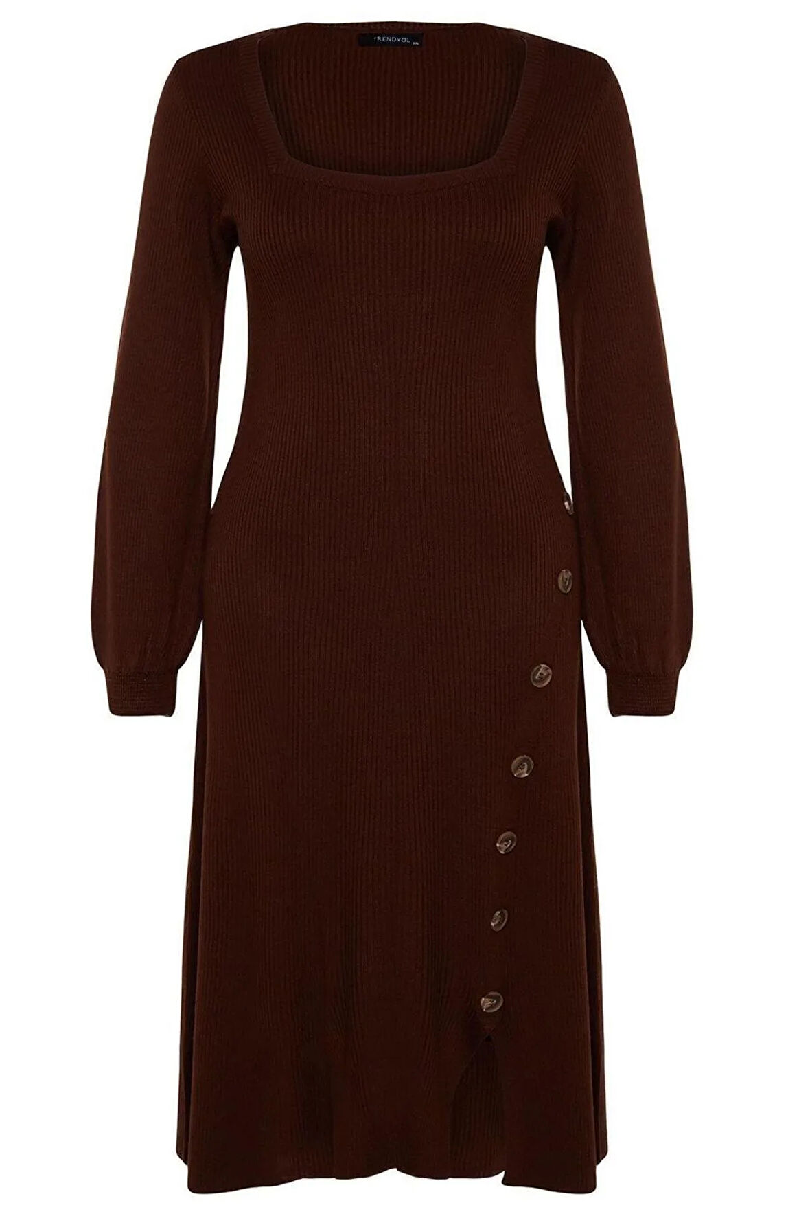 Yeni Slim Casual Günlük Fitilli Triko Kare Yaka Uzun Kol Bodycone Midi Boy Büyük Beden Elbise