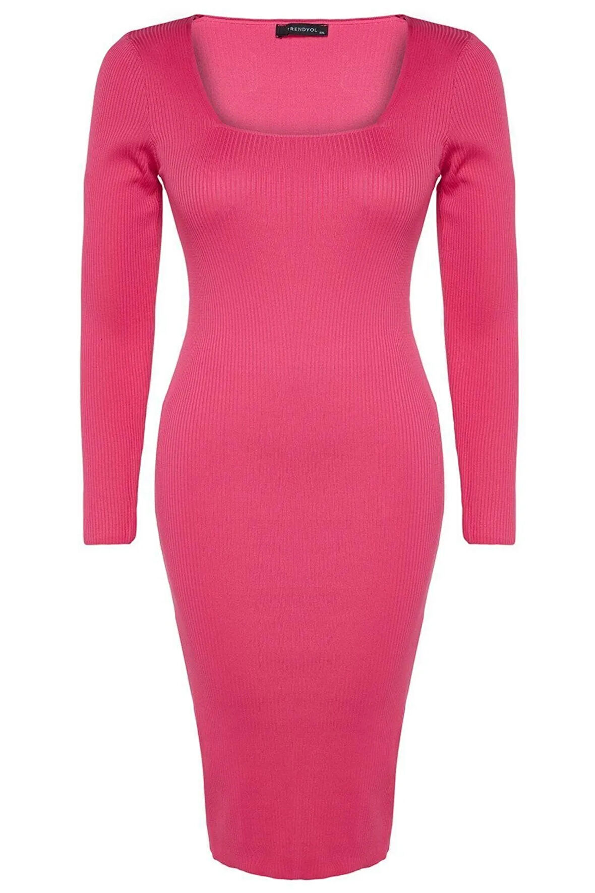 Yeni Fit Casual Günlük Fitilli Triko Kare Yaka Uzun Kol Bodycone Midi Boy Büyük Beden Elbise