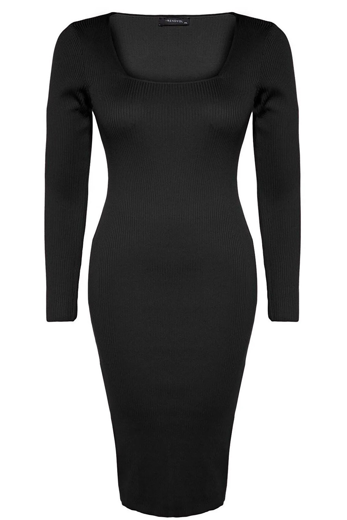 Yeni Fit Casual Günlük Fitilli Triko Kare Yaka Uzun Kol Bodycone Midi Boy Büyük Beden Elbise