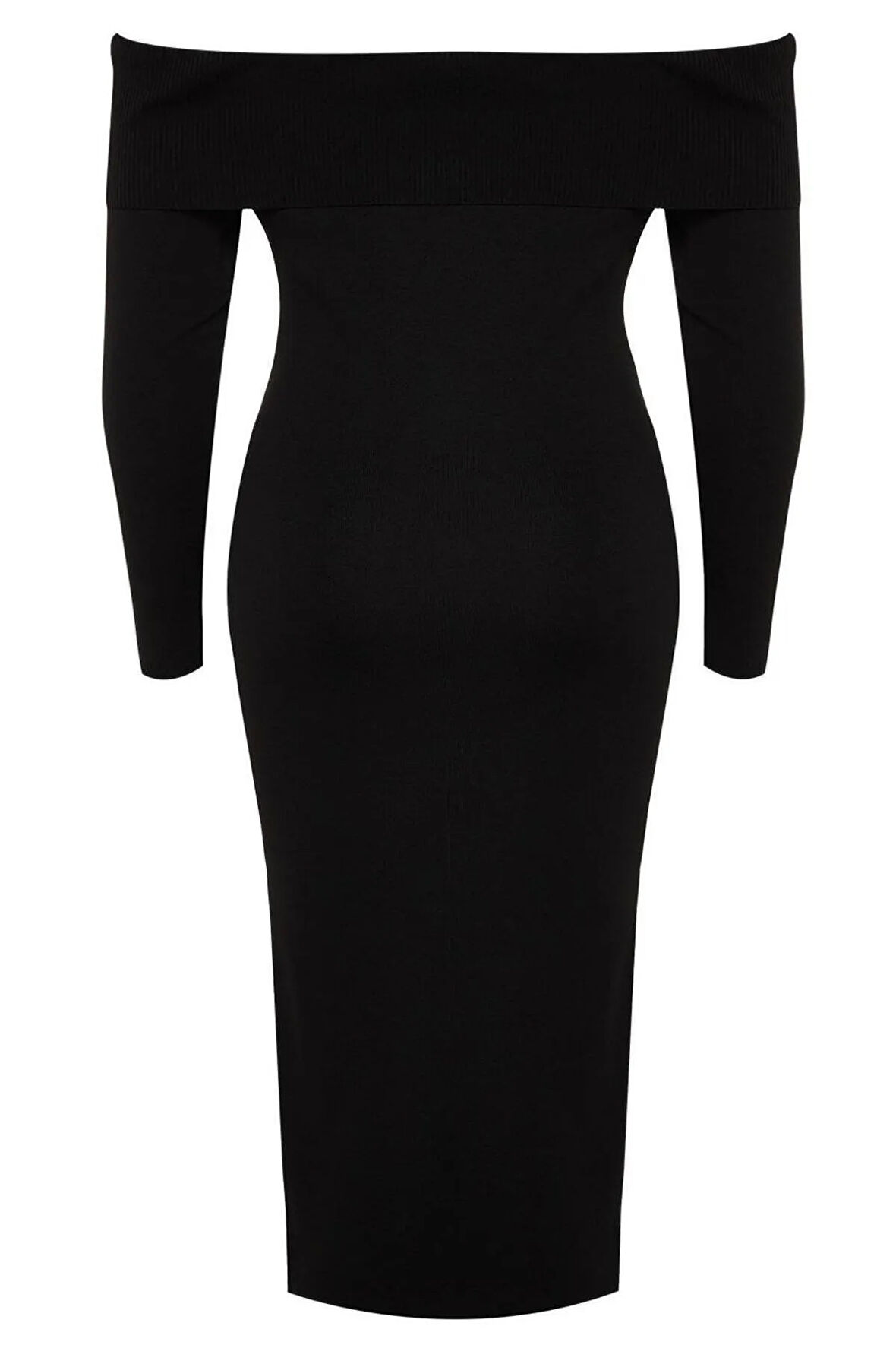 Yeni Fit Gündüz Gece Tek Plaka Triko Carmen Yaka Uzun Kol Bodycone Midi Boy Büyük Beden Elbise