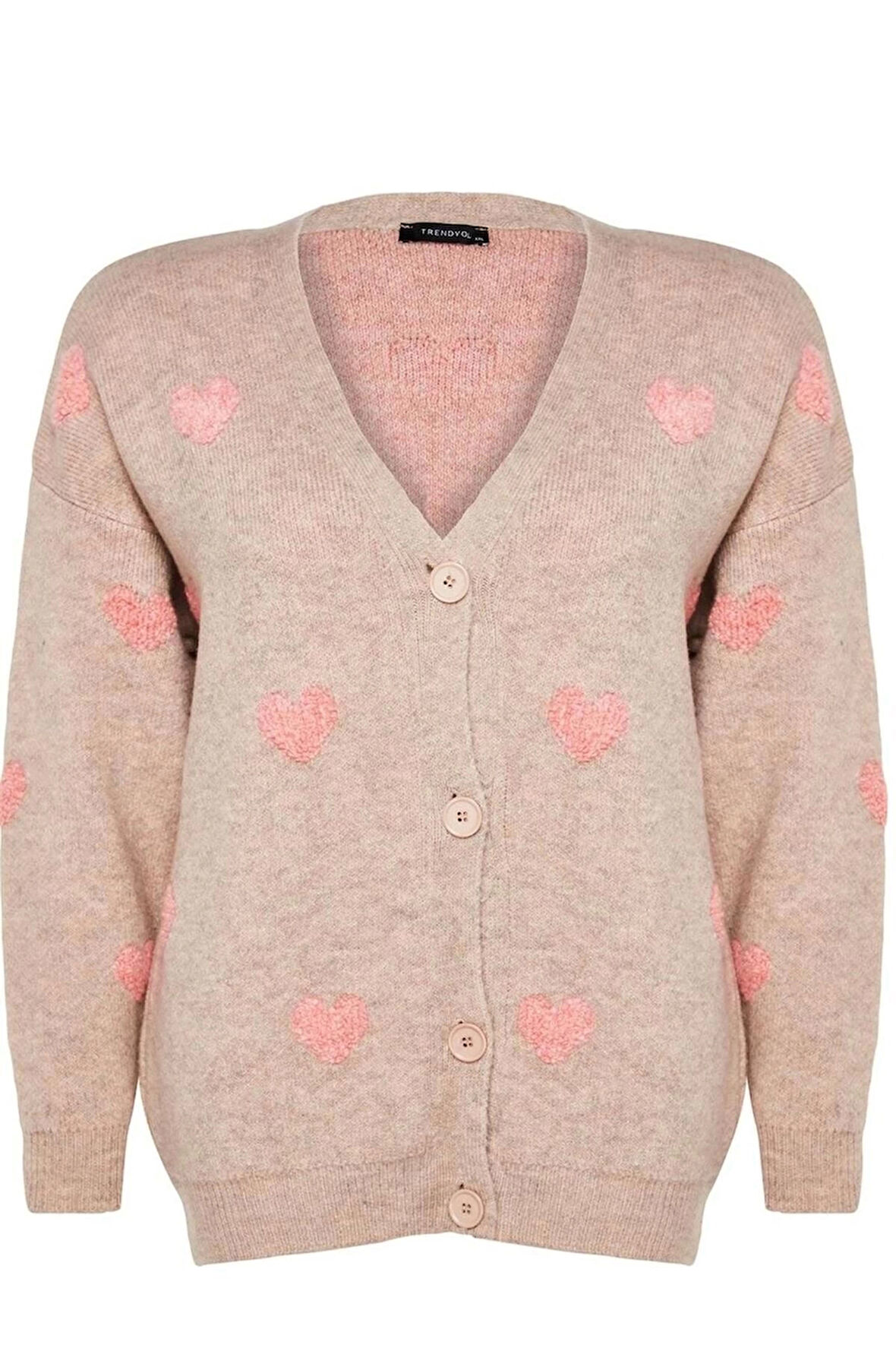 Kadın Büyük Beden Moda Şık Regular Ceket Yaka Uzun Kol Kalp Kalp Desenli Triko Hırka