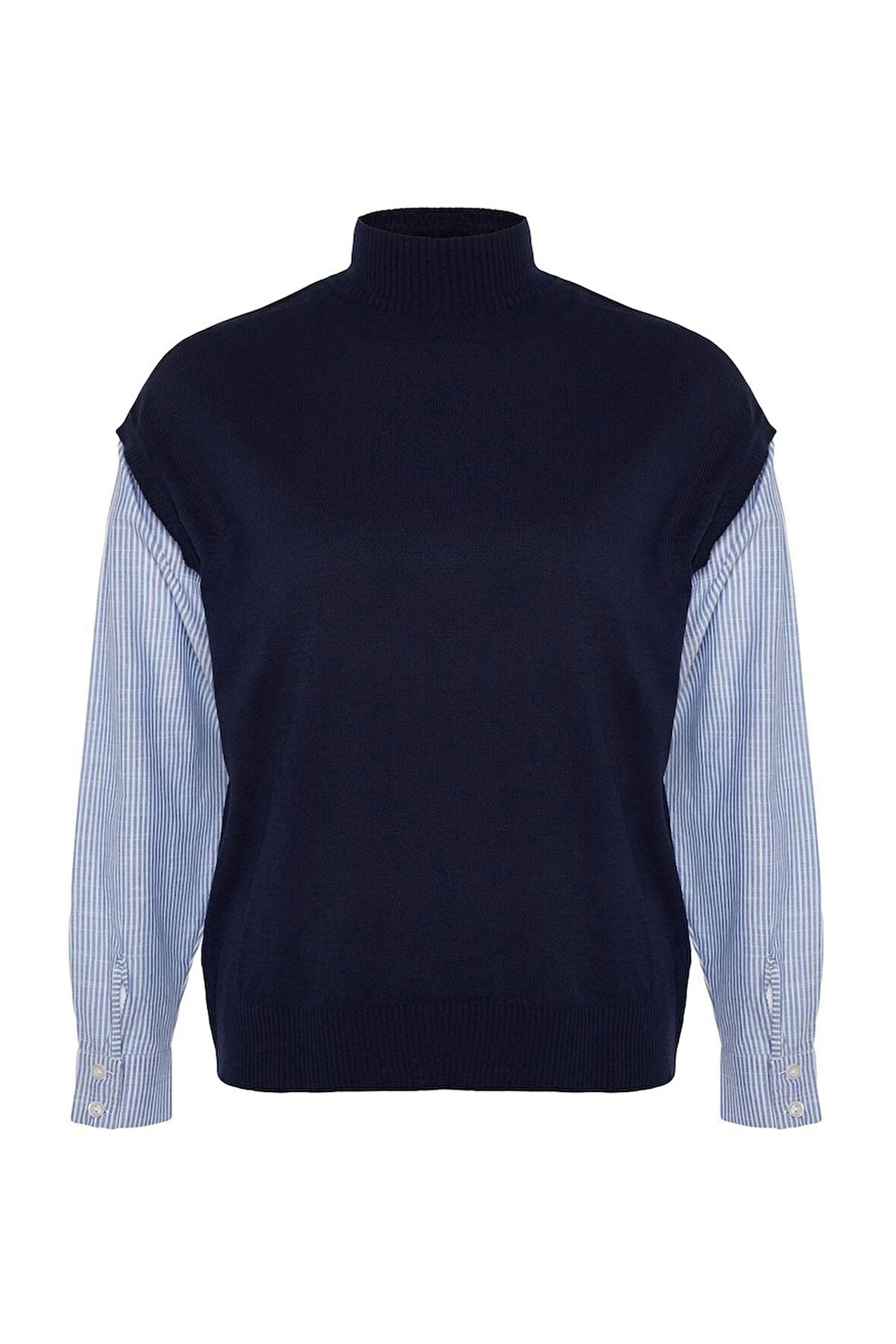 Kadın Moda Şık Büyük Beden Dik Yaka Standart Kol Regular Kolları Çizgili Dokuma Mixli Triko Kazak