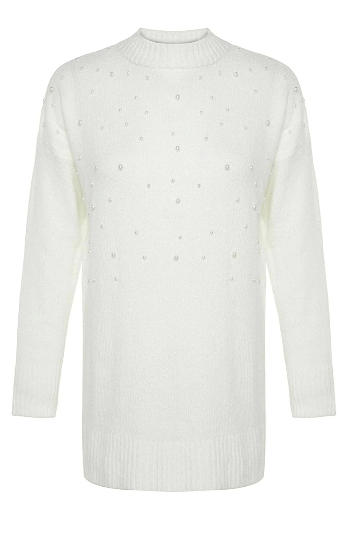 Kadın Tesettür Moda Şık Midi Bisiklet Yaka Uzun Kol Düz İnci Detaylı Triko Kazak