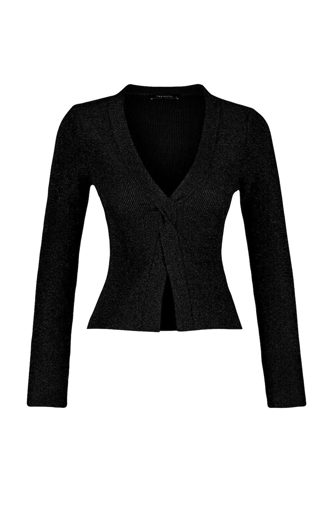 Kadın Moda Şık V Yaka Standart Kol Regular Simli Yırtmaç Detaylı Triko Kazak