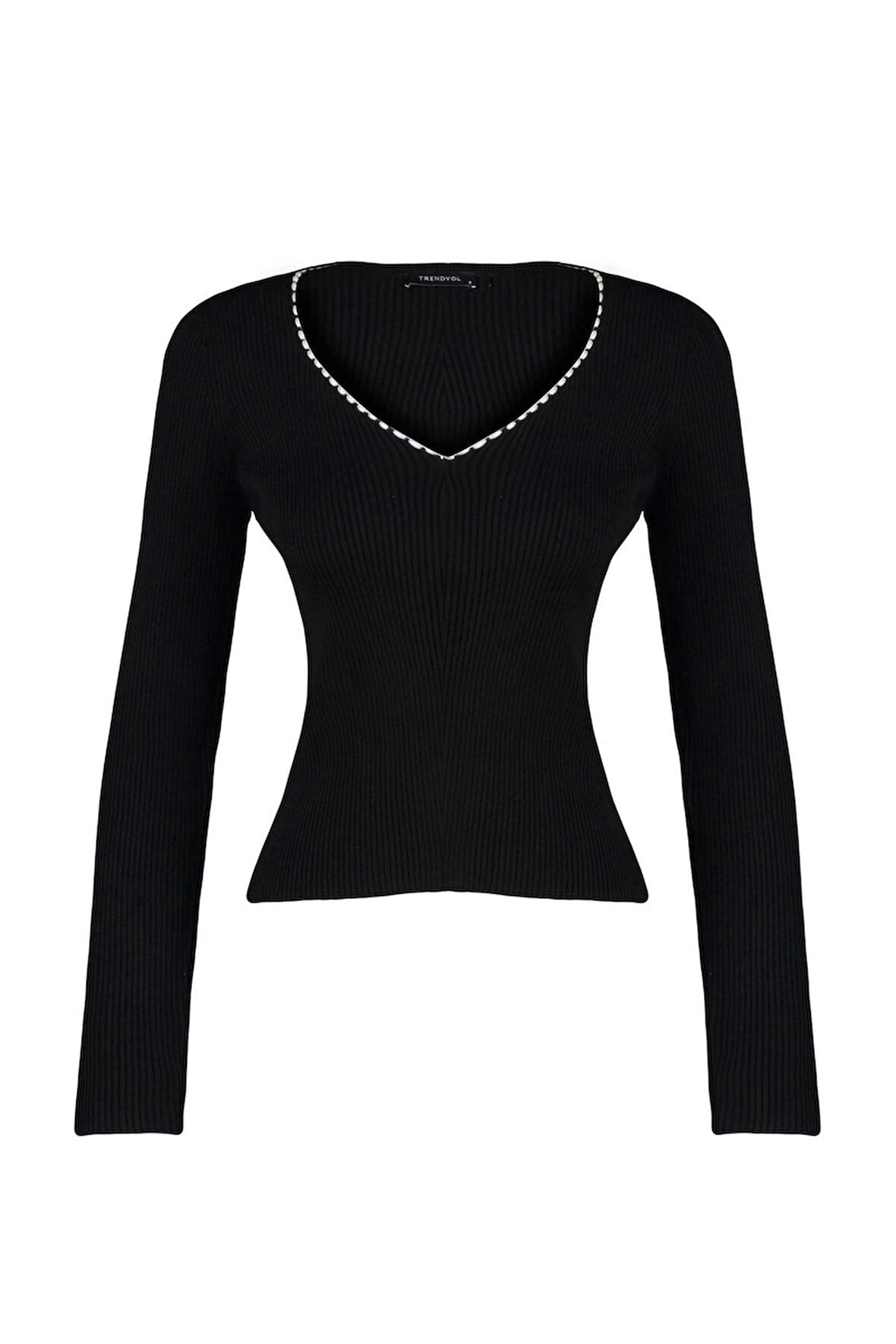 Kadın Moda Şık V Yaka Standart Kol Regular İnci Detaylı Triko Kazak