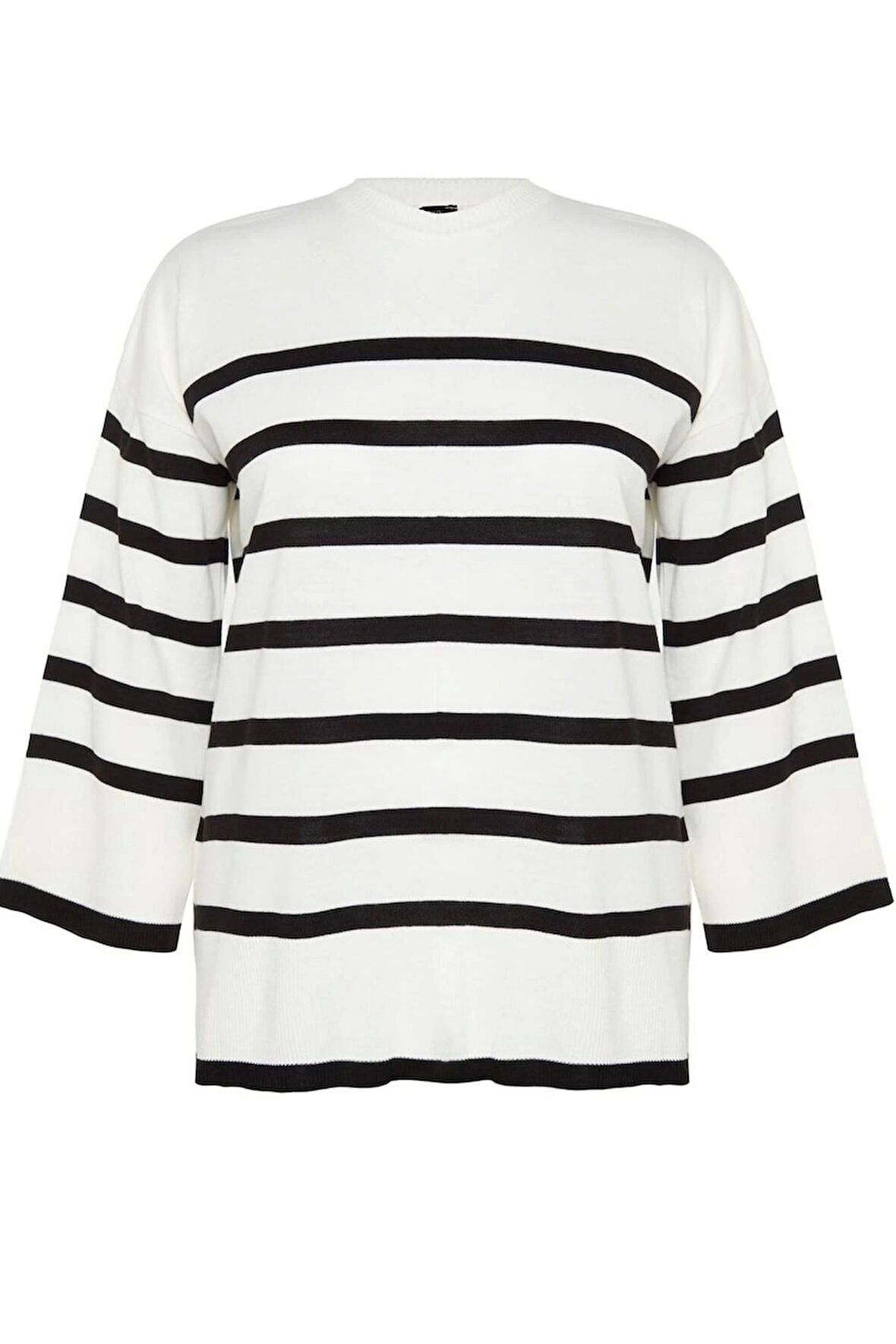 Kadın Büyük Beden Moda Şık Regular Gömlek Yaka Uzun Kol Çizgili Ekru Triko Kazak