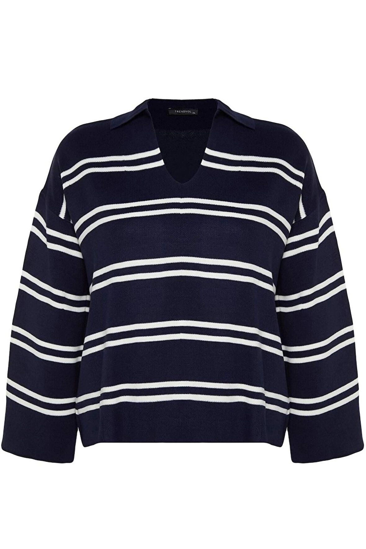 Kadın Büyük Beden Moda Şık Regular Polo Yaka Uzun Kol Çizgili Triko Kazak