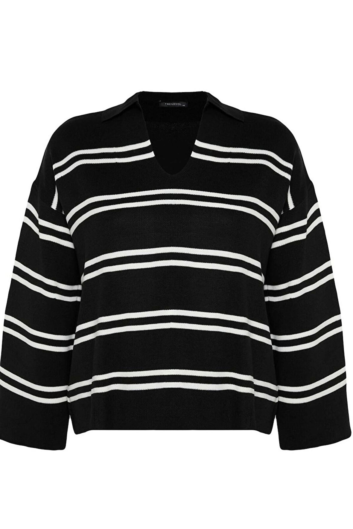 Kadın Büyük Beden Moda Şık Regular Polo Yaka Uzun Kol Çizgili Triko Kazak