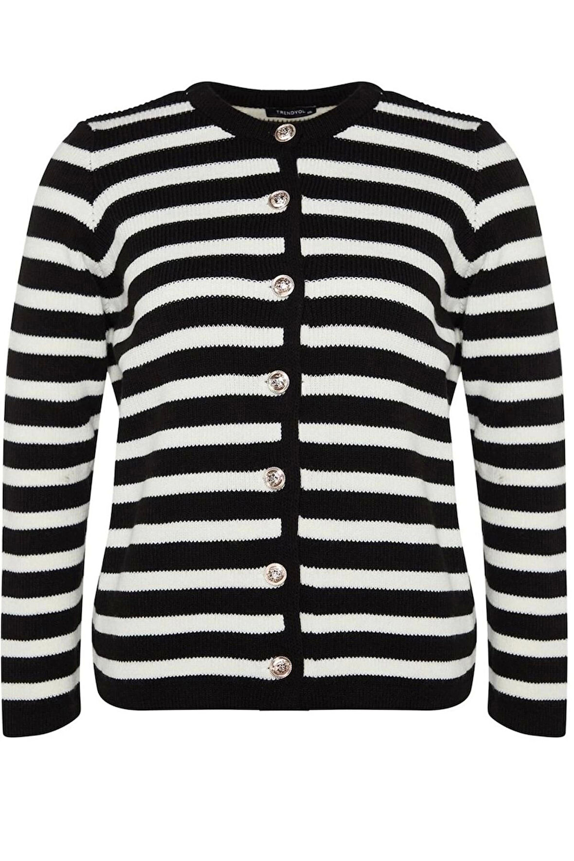 Kadın Büyük Beden Moda Şık Regular Bisiklet Yaka Uzun Kol Çizgili Triko Hırka