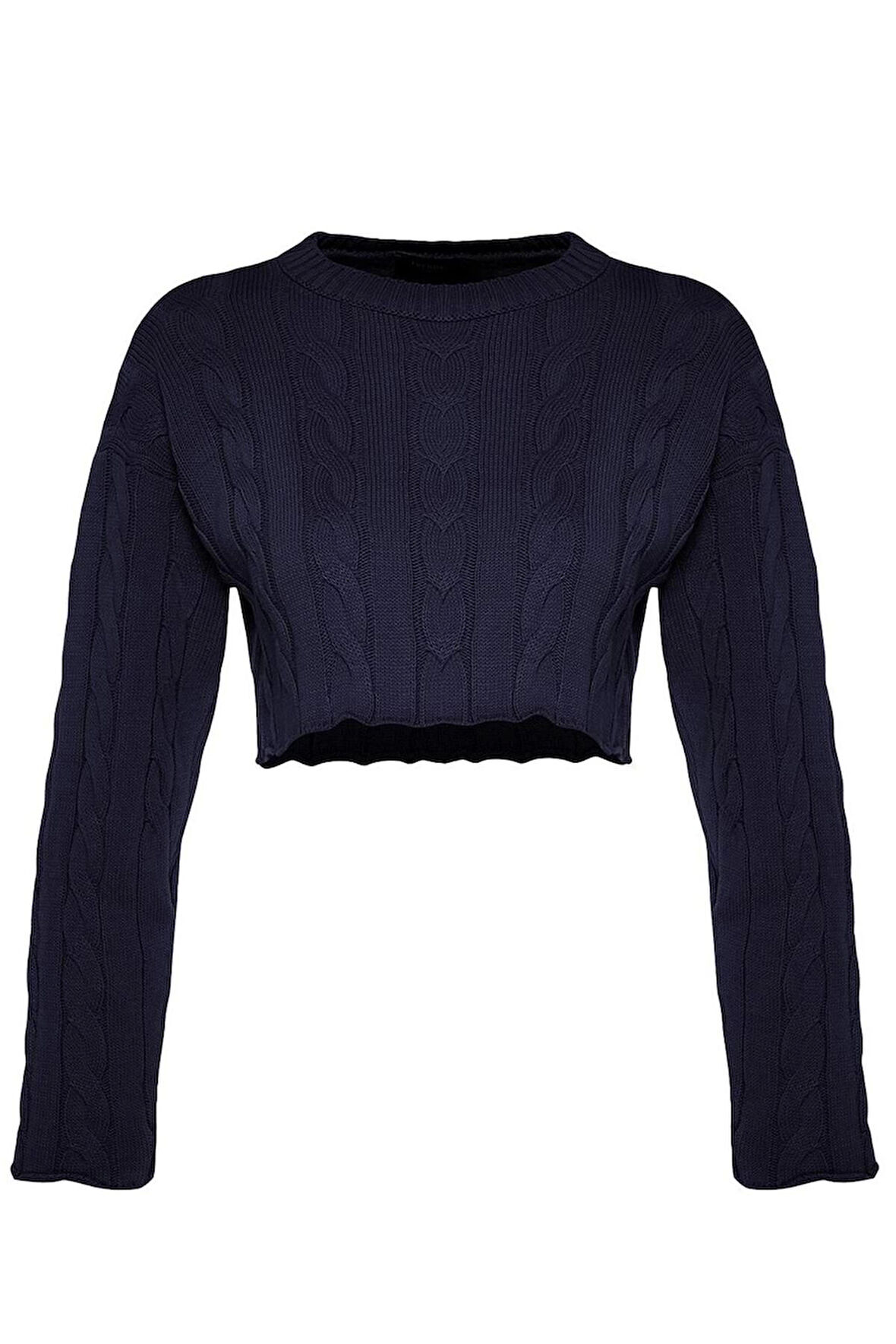 Kadın Moda Şık Crop Bisiklet Yaka Uzun Kol Saç Örgü Süper Crop Triko Kazak