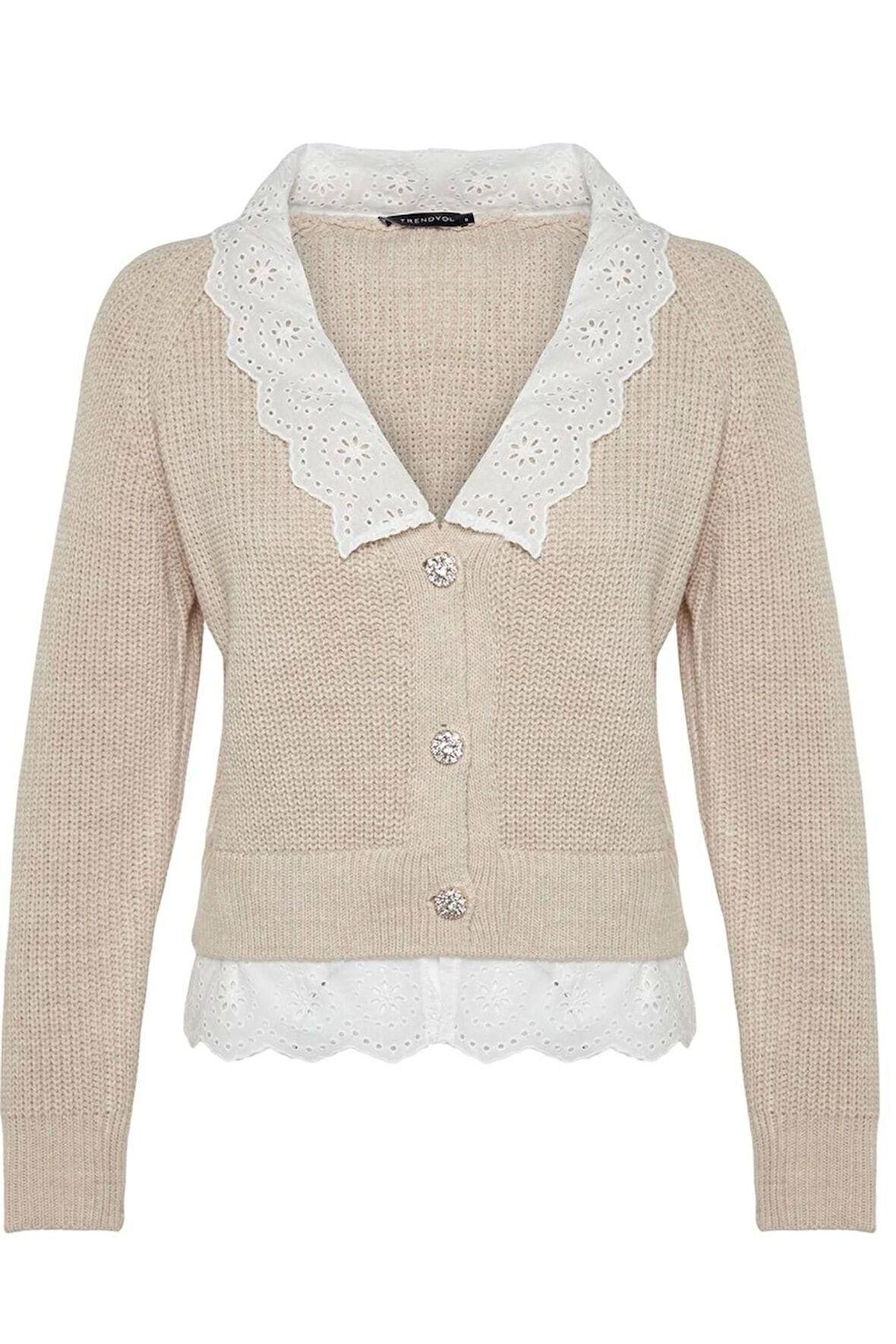 Kadın Moda Şık Regular V Yaka Regular Crop Dokuma Garni Detaylı V Yaka Triko Hırka