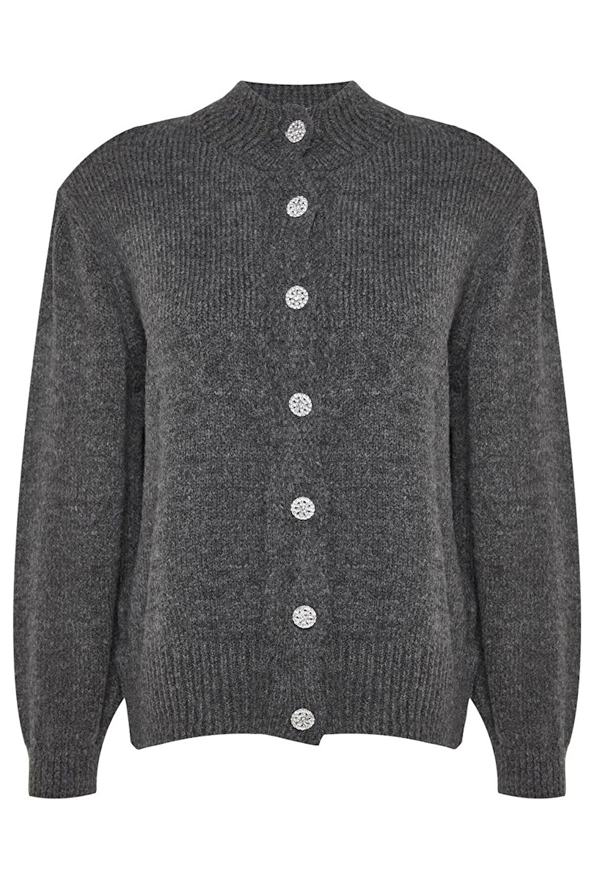 Kadın Büyük Beden Moda Şık Regular Bisiklet Yaka Uzun Kol Düz Taşlı Düğmeli Triko Hırka