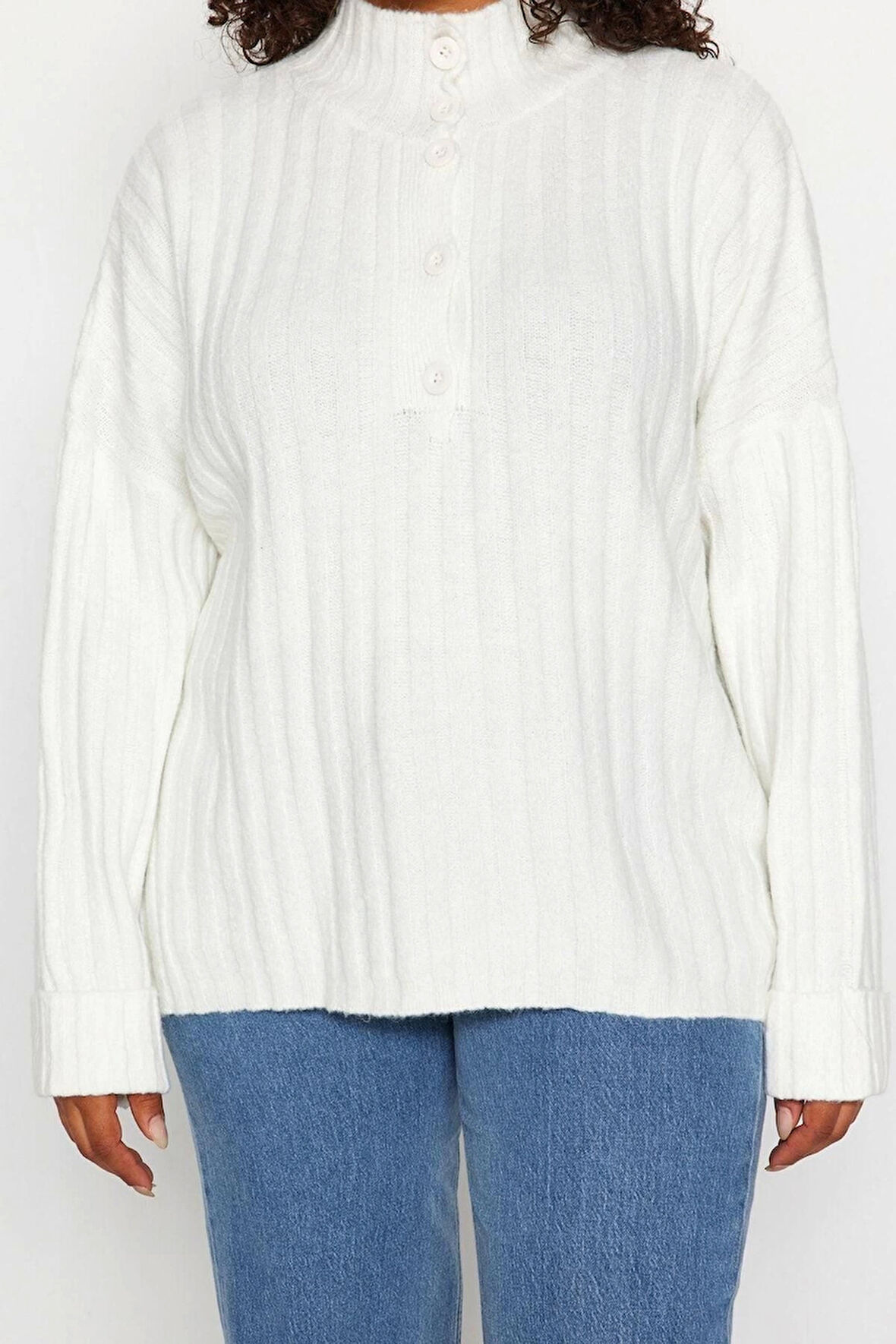 Kadın Büyük Beden Moda Şık Uzun Düğmeli Yaka Uzun Kol Düz Fitilli Düğmeli Triko Kazak