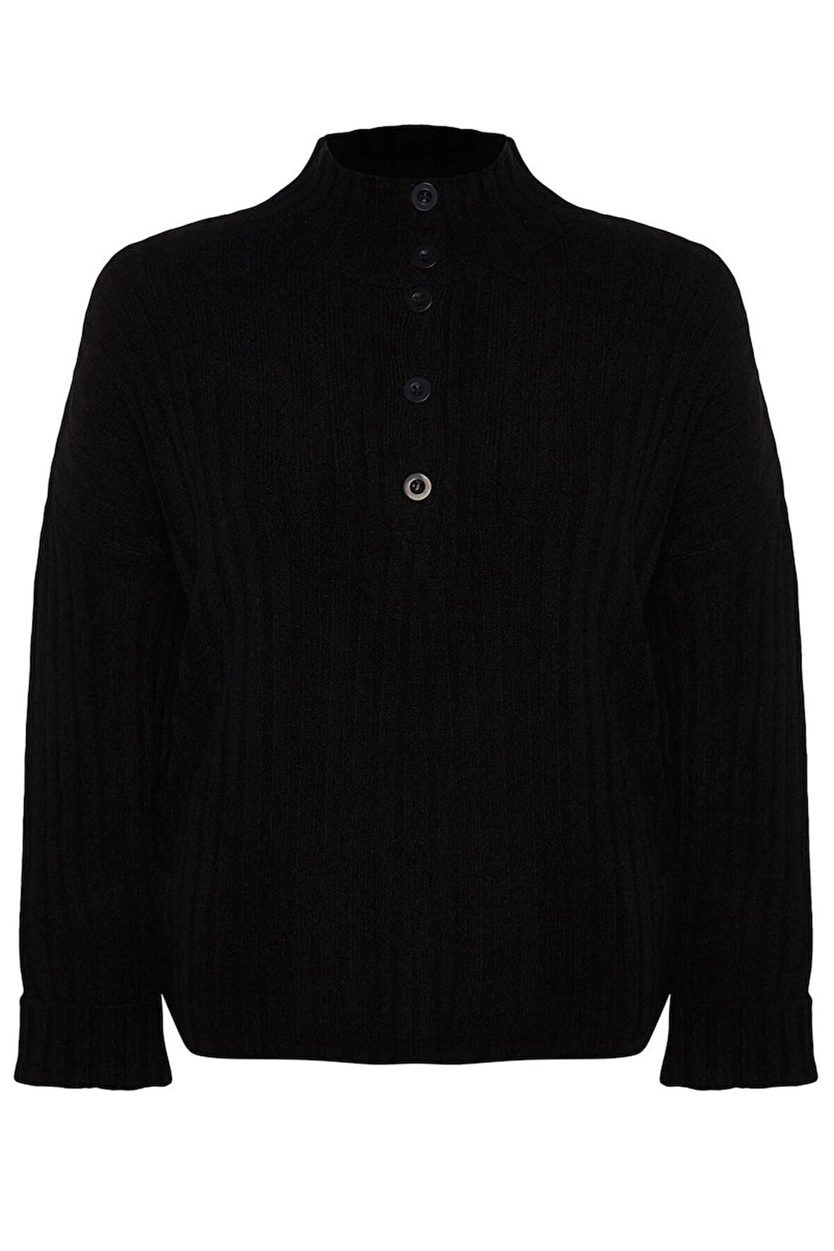 Kadın Büyük Beden Moda Şık Uzun Düğmeli Yaka Uzun Kol Düz Fitilli Düğmeli Triko Kazak