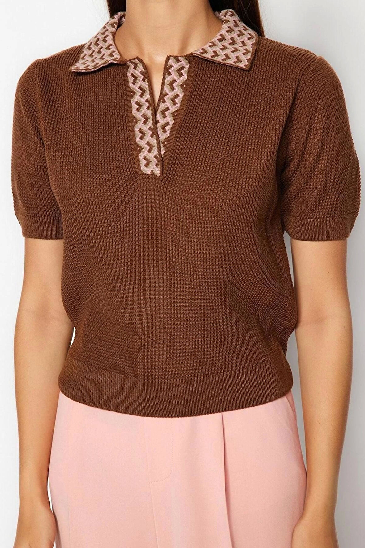 Kadın Moda Şık Üst Giyim Regular Polo Yaka Regular Kalıp Triko Yaka Desenli İnce Bluz