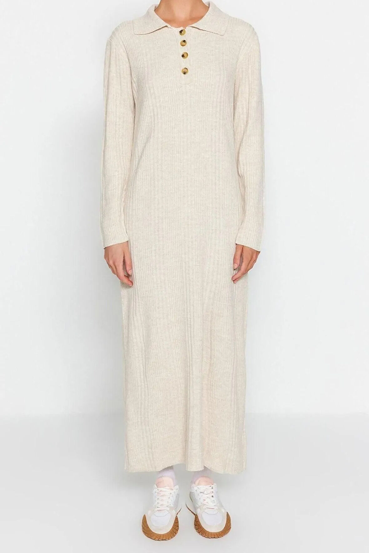 Yeni Regular Casual Günlük Ribana Kaşkorse Dokuma V Yaka Uzun Kol A-Line Midi Boy Tesettür Elbise