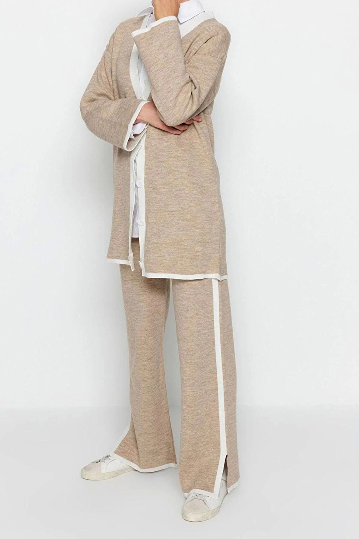 Kadın Moda Şık Geniş Paça Regular Boy Uzun Kollu Çizgili Oversize Triko Hırka Pantolon Alt Üst Takım