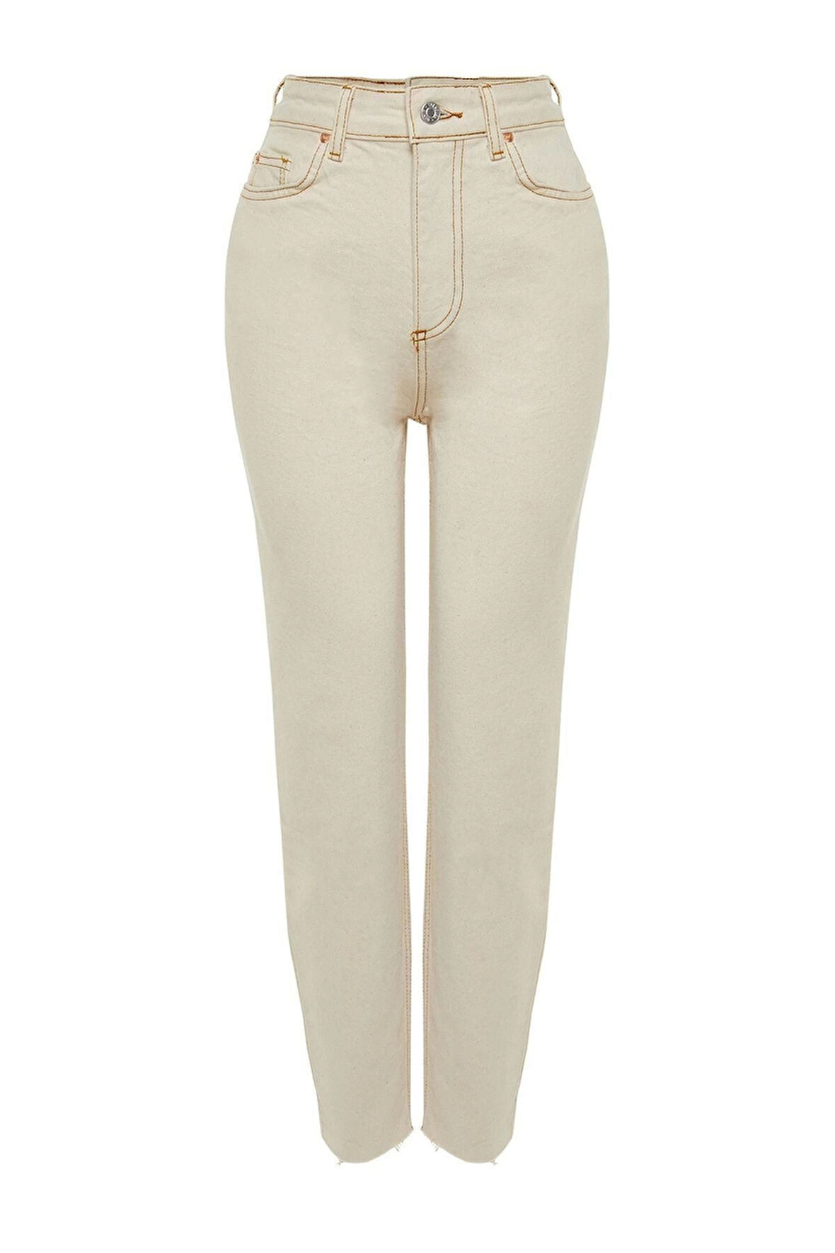 Kadın Moda Şık Kot Pantolon Boru Paça Uzun Boy Denim Ekru Yüksek Bel Slim Mom Jeans